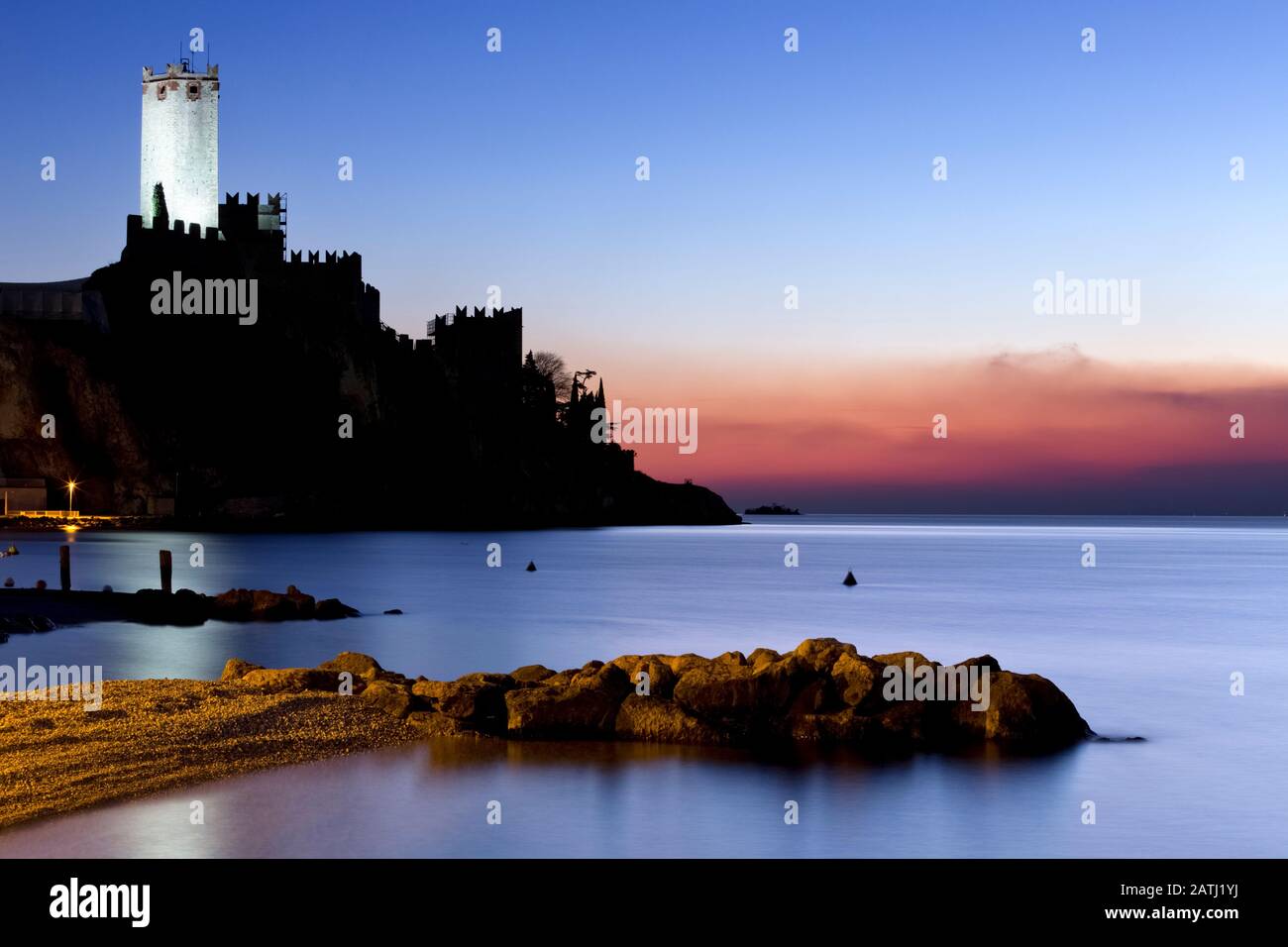 The Scaliger castle of Malcesine was made famous by the drawings and descriptions of the German writer Goethe. Lake Garda, Veneto, Italy. Stock Photo