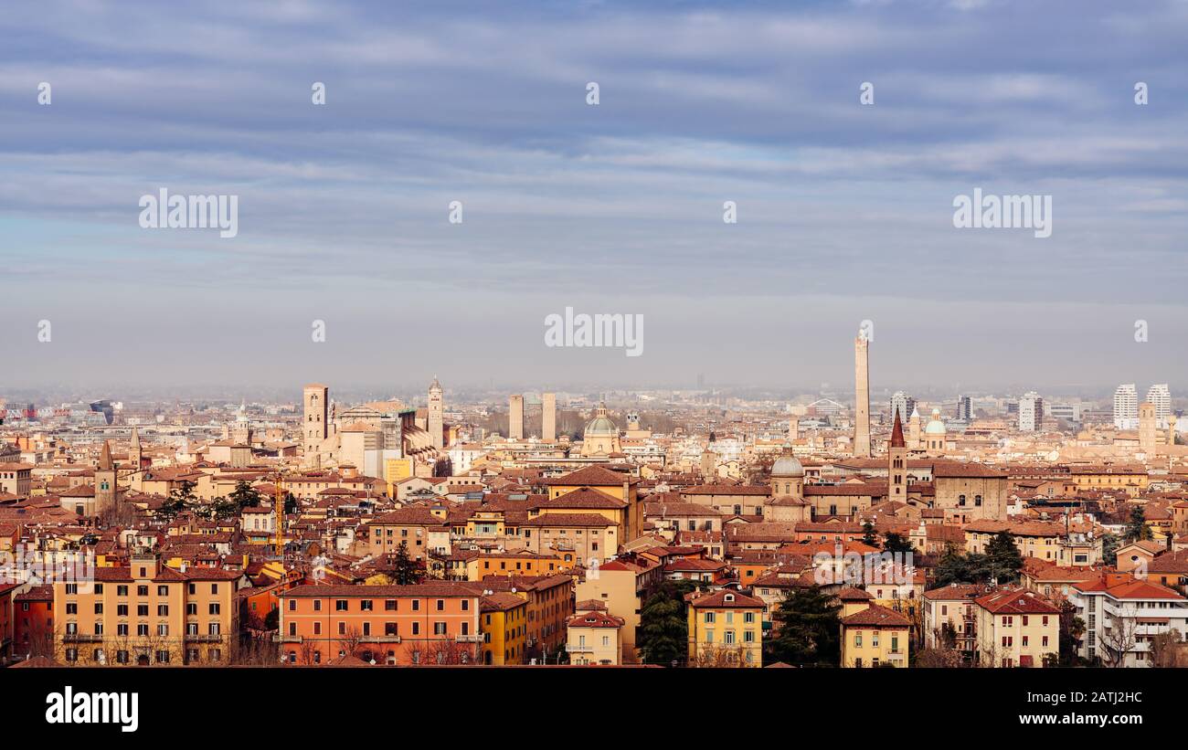 Bologna, cityscape from a high viewpoint in a winter afternoon. Emilia, Italy Stock Photo