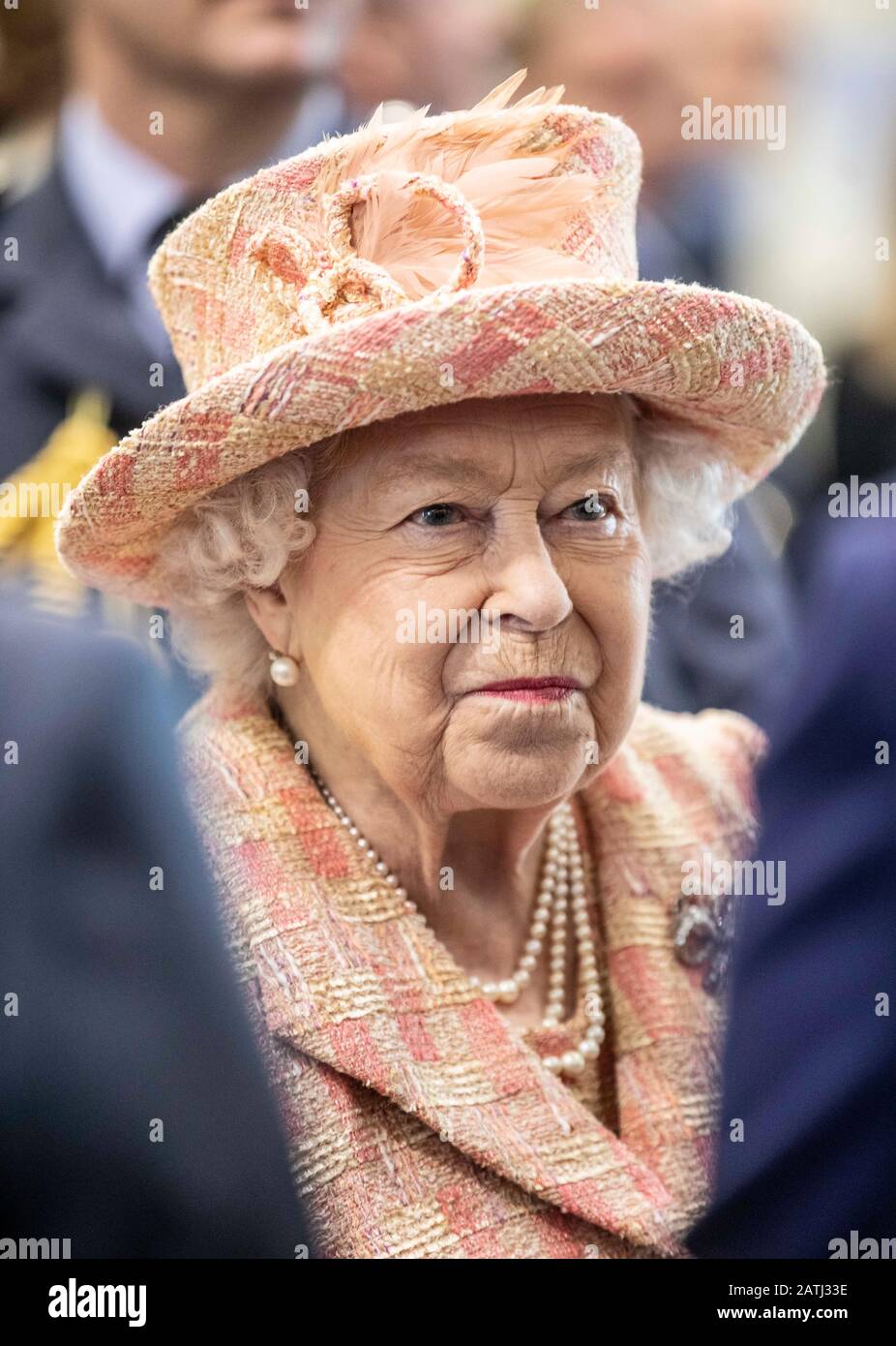 Queen Elizabeth II during a visit to Royal Air Force Marham, Norfolk, where she inspected the new integrated training centre that trains personnel on the maintenance of the new RAF F-35B Lightning II strike aircraft. Stock Photo