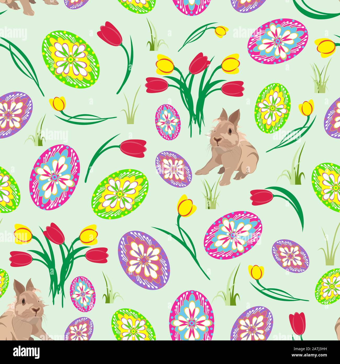 Vector seamless pattern with Easter eggs, cute rabbits and flowers Stock Vector