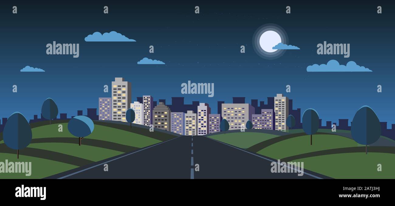 Night Cityscape With Nature Landscape Vector Illustration Public Park And Night Town With Moon And Sky Dark Scene With Road To City Building Night Vie Stock Vector Image Art Alamy