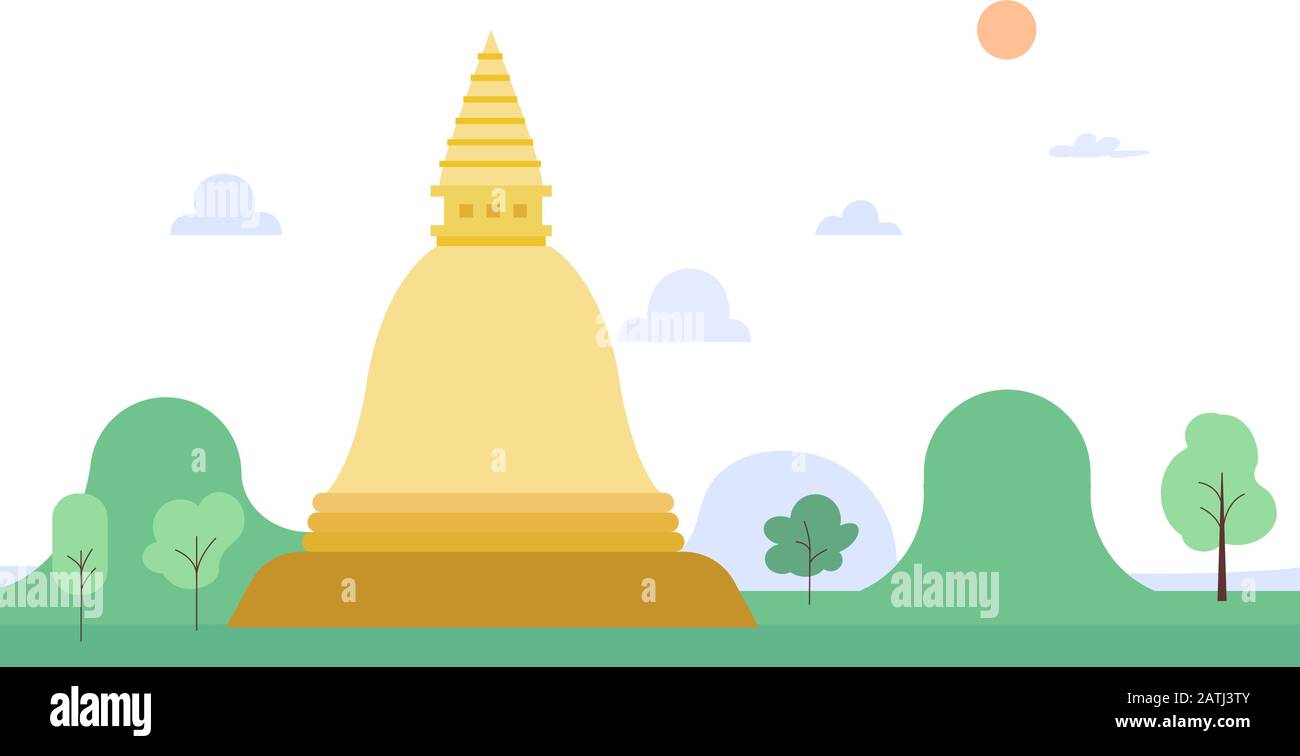 Golden pagoda and nature landscape vector illustration.Thailand pagoda flat design. Stock Vector