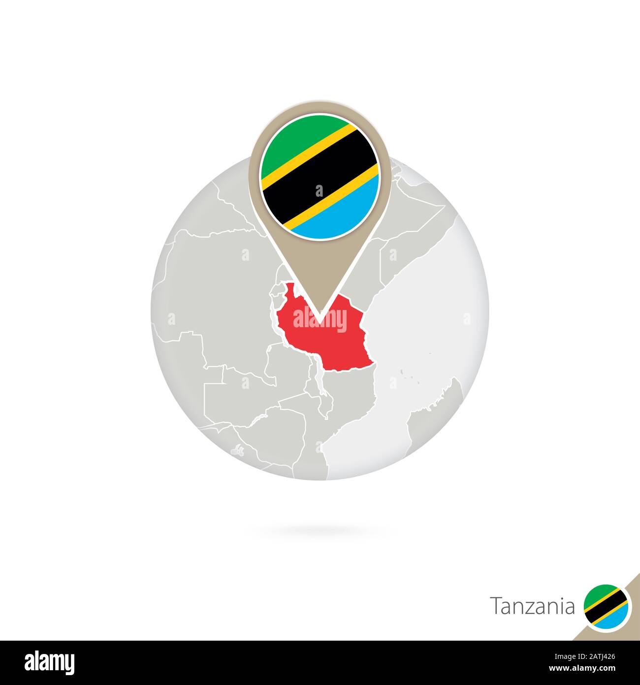 Tanzania map and flag in circle. Map of Tanzania, Tanzania flag pin. Map of Tanzania in the style of the globe. Vector Illustration. Stock Vector