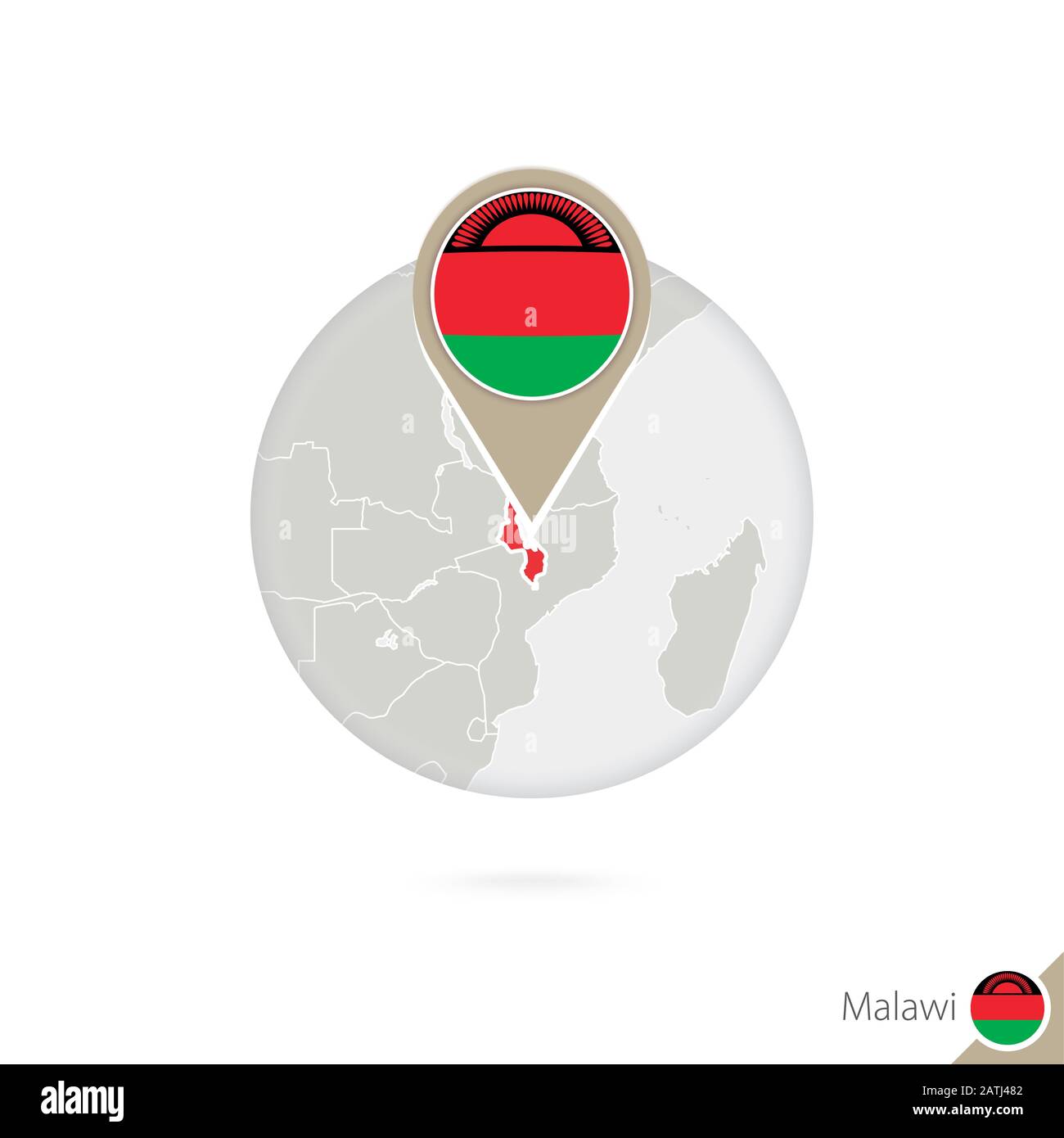 Malawi map and flag in circle. Map of Malawi, Malawi flag pin. Map of Malawi in the style of the globe. Vector Illustration. Stock Vector