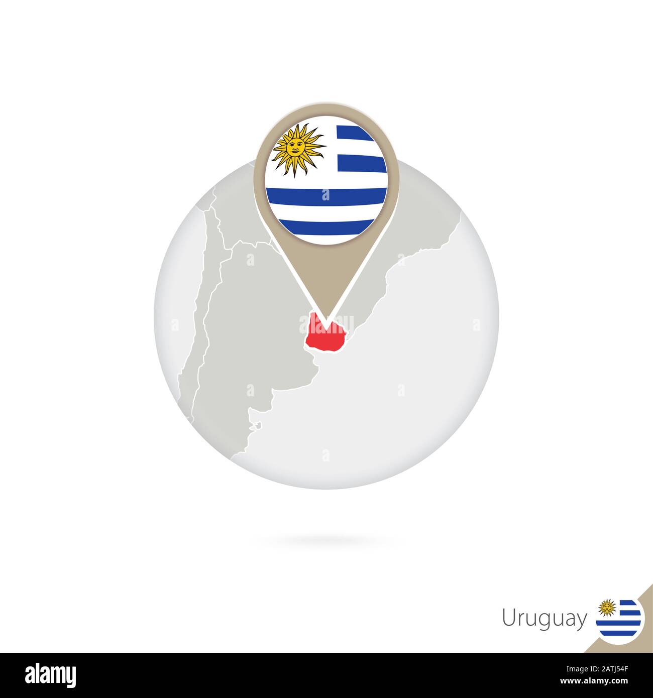 Uruguay map and flag in circle. Map of Uruguay, Uruguay flag pin. Map of Uruguay in the style of the globe. Vector Illustration. Stock Vector