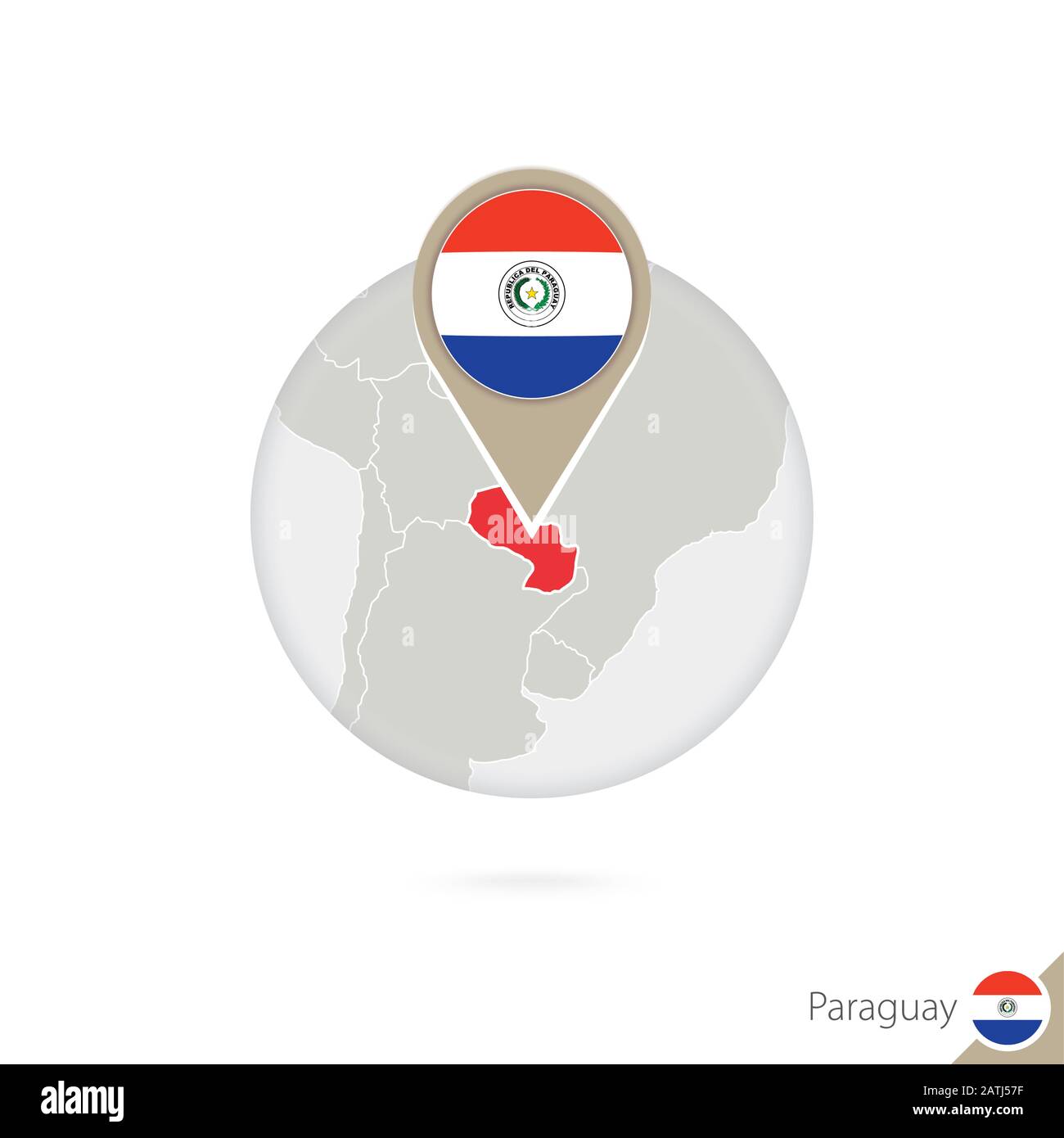 Paraguay map and flag in circle. Map of Paraguay, Paraguay flag pin. Map of Paraguay in the style of the globe. Vector Illustration. Stock Vector