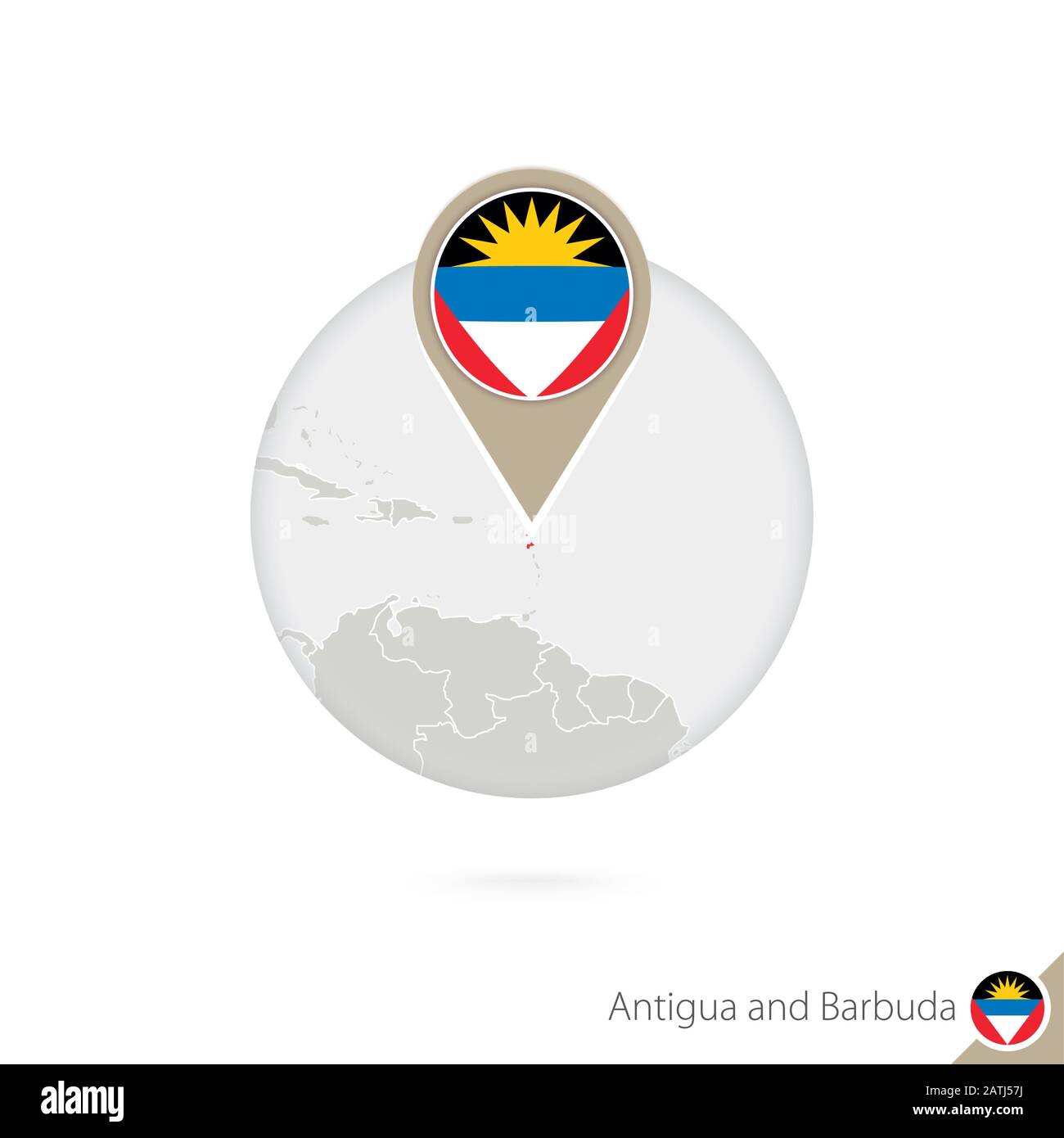 Antigua and Barbuda map and flag in circle. Map of Antigua and Barbuda, Antigua and Barbuda flag pin. Map of Antigua and Barbuda in the style of the g Stock Vector