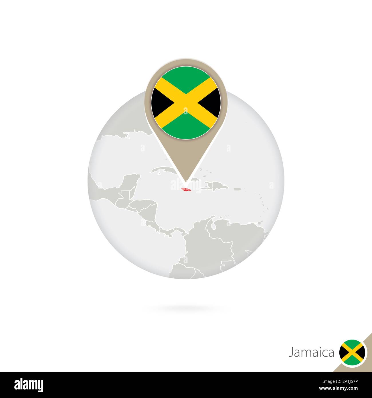 Jamaica map and flag in circle. Map of Jamaica, Jamaica flag pin. Map of Jamaica in the style of the globe. Vector Illustration. Stock Vector