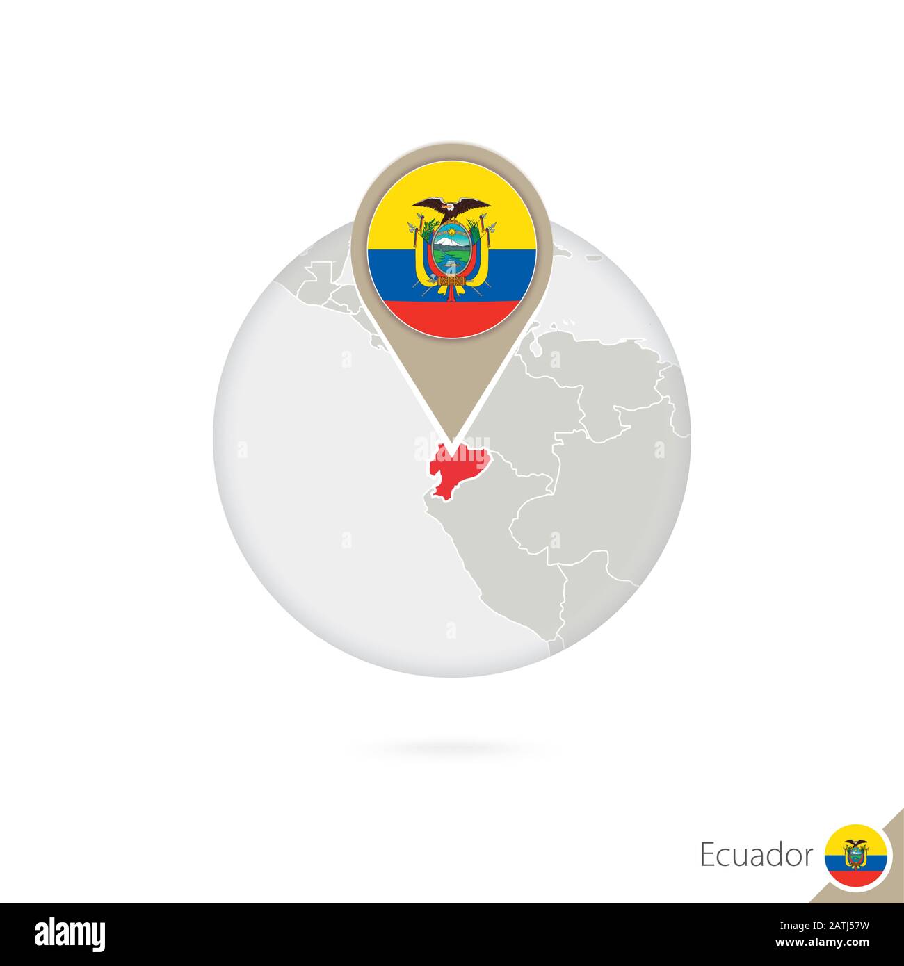 Ecuador map and flag in circle. Map of Ecuador, Ecuador flag pin. Map of Ecuador in the style of the globe. Vector Illustration. Stock Vector