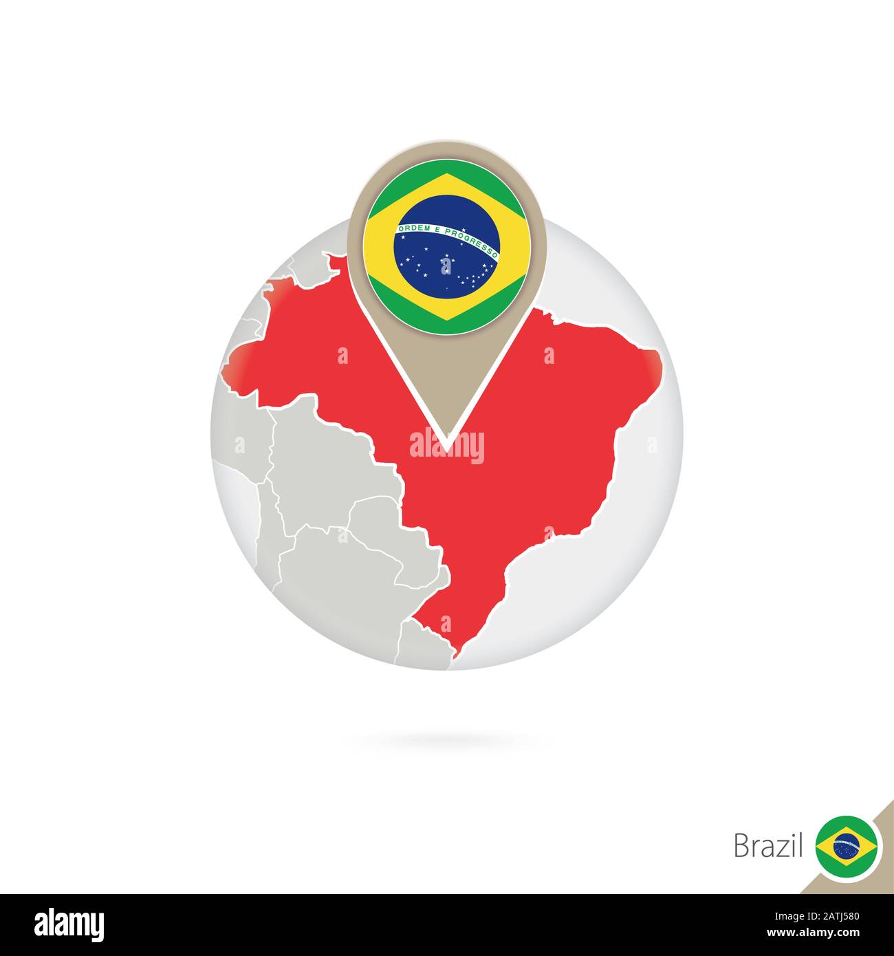 Brazil map and flag in circle. Map of Brazil, Brazil flag pin. Map of Brazil in the style of the globe. Vector Illustration. Stock Vector