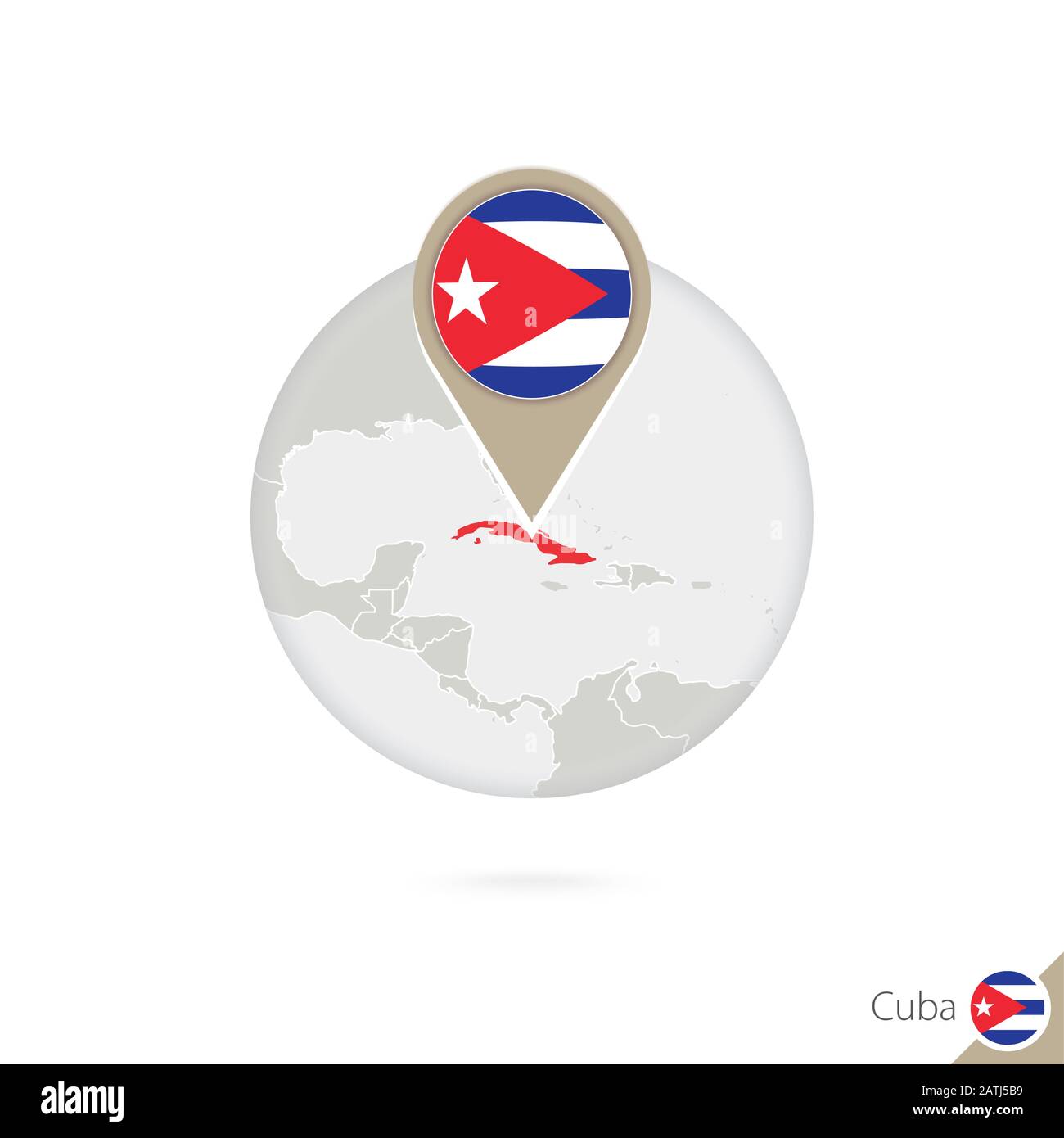 Cuba map and flag in circle. Map of Cuba, Cuba flag pin. Map of Cuba in the style of the globe. Vector Illustration. Stock Vector