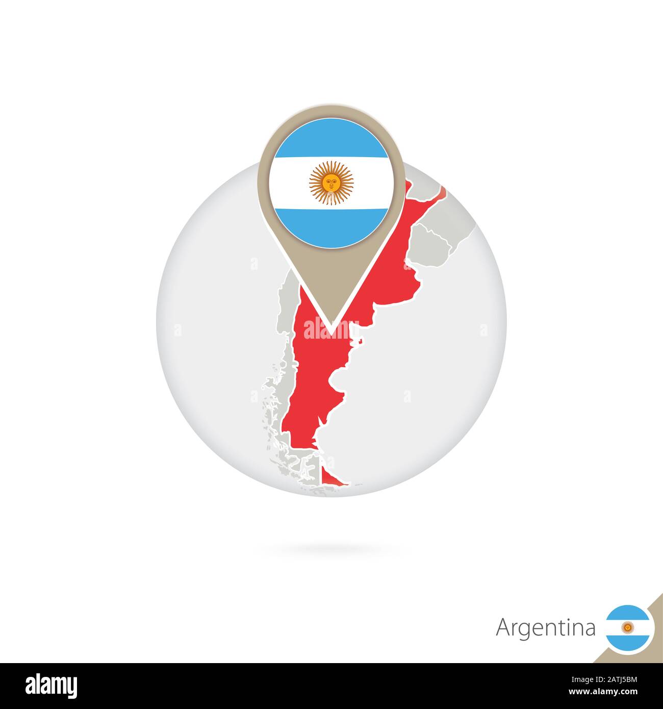 Argentina map and flag in circle. Map of Argentina, Argentina flag pin. Map of Argentina in the style of the globe. Vector Illustration. Stock Vector
