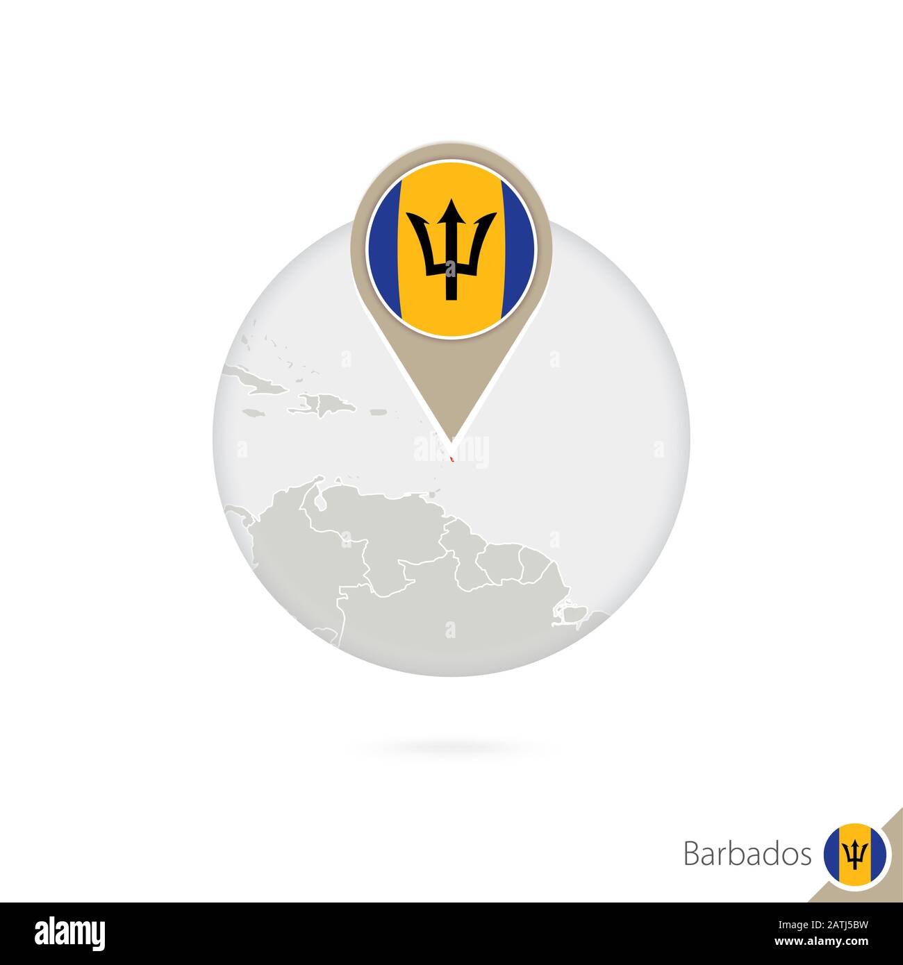 Barbados map and flag in circle. Map of Barbados, Barbados flag pin. Map of Barbados in the style of the globe. Vector Illustration. Stock Vector