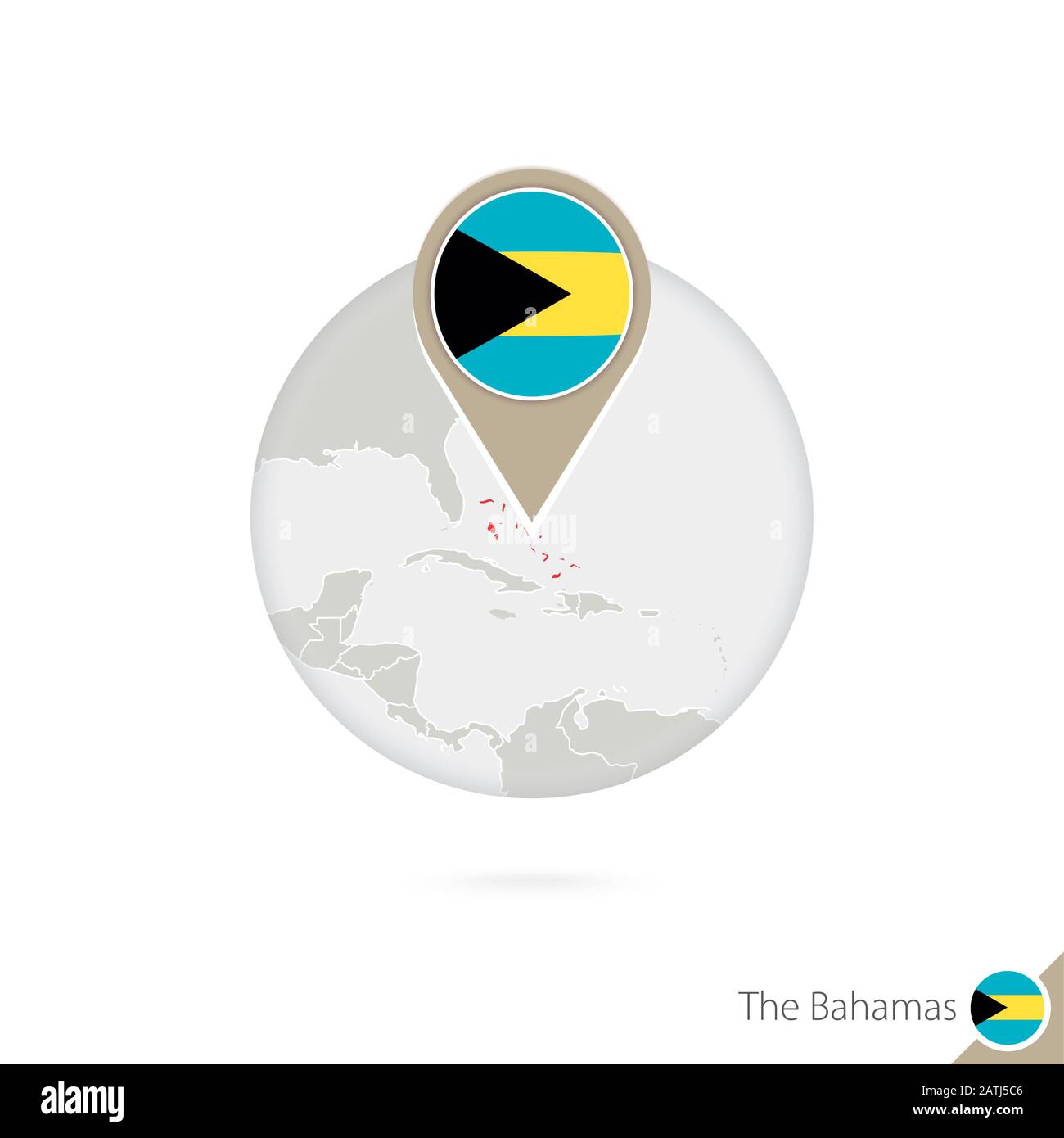 The Bahamas map and flag in circle. Map of Bahamas, Bahamas flag pin. Map of Bahamas in the style of the globe. Vector Illustration. Stock Vector