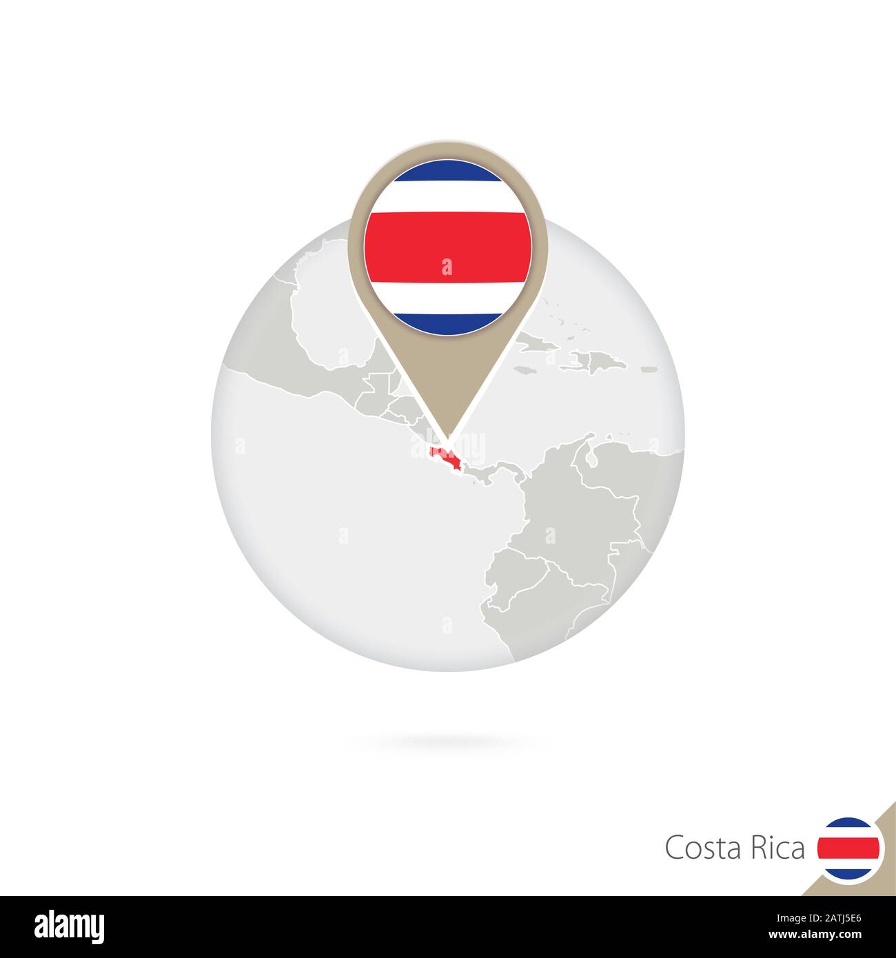Costa Rica map and flag in circle. Map of Costa Rica, Costa Rica flag pin. Map of Costa Rica in the style of the globe. Vector Illustration. Stock Vector