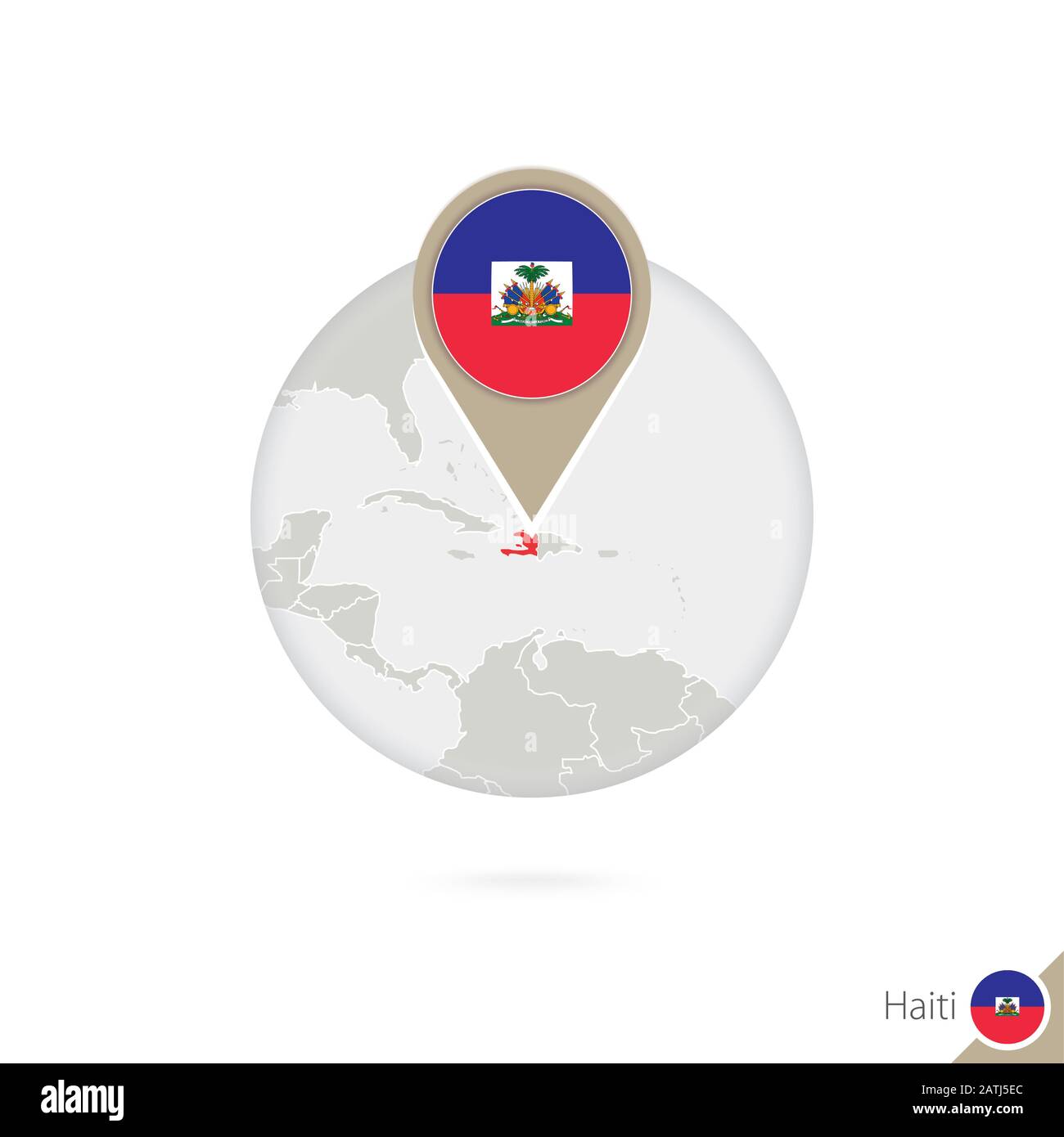 Haiti map and flag in circle. Map of Haiti, Haiti flag pin. Map of Haiti in the style of the globe. Vector Illustration. Stock Vector