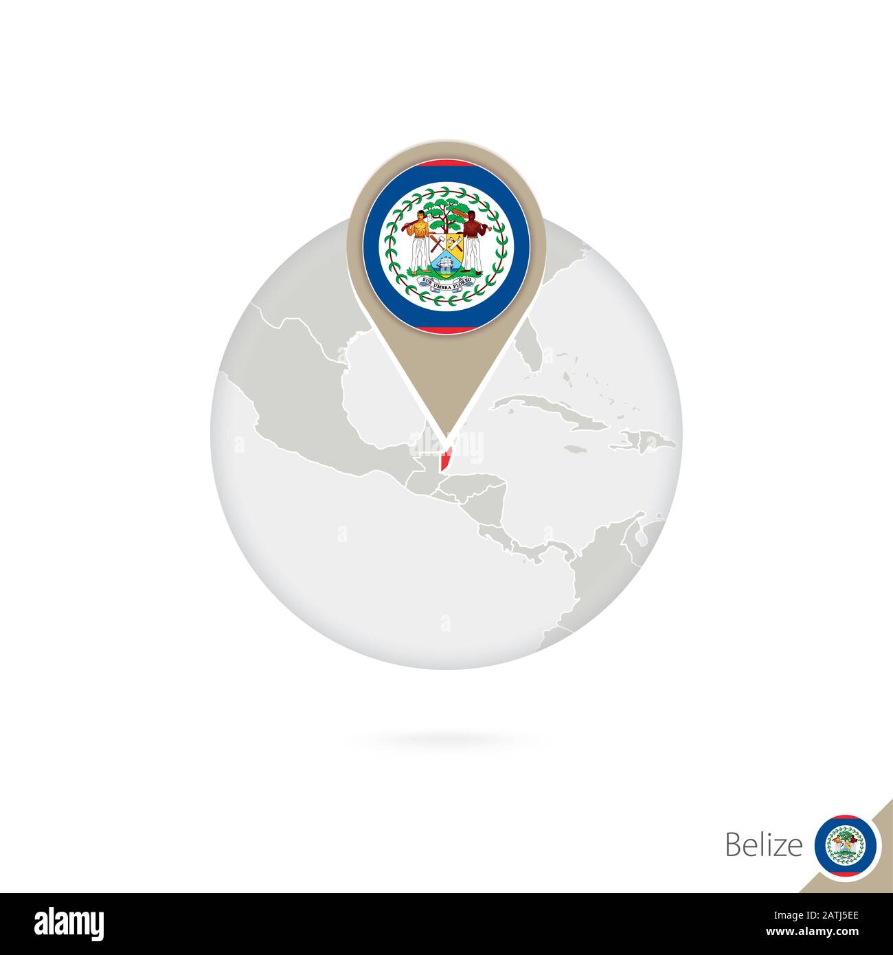 Belize map and flag in circle. Map of Belize, Belize flag pin. Map of Belize in the style of the globe. Vector Illustration. Stock Vector