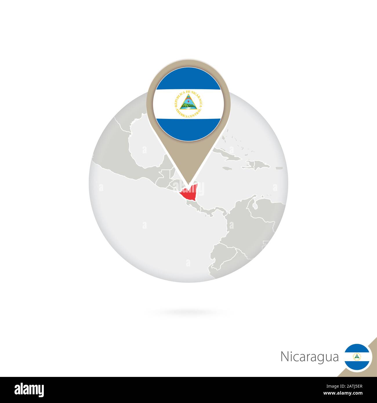 Nicaragua map and flag in circle. Map of Nicaragua, Nicaragua flag pin. Map of Nicaragua in the style of the globe. Vector Illustration. Stock Vector