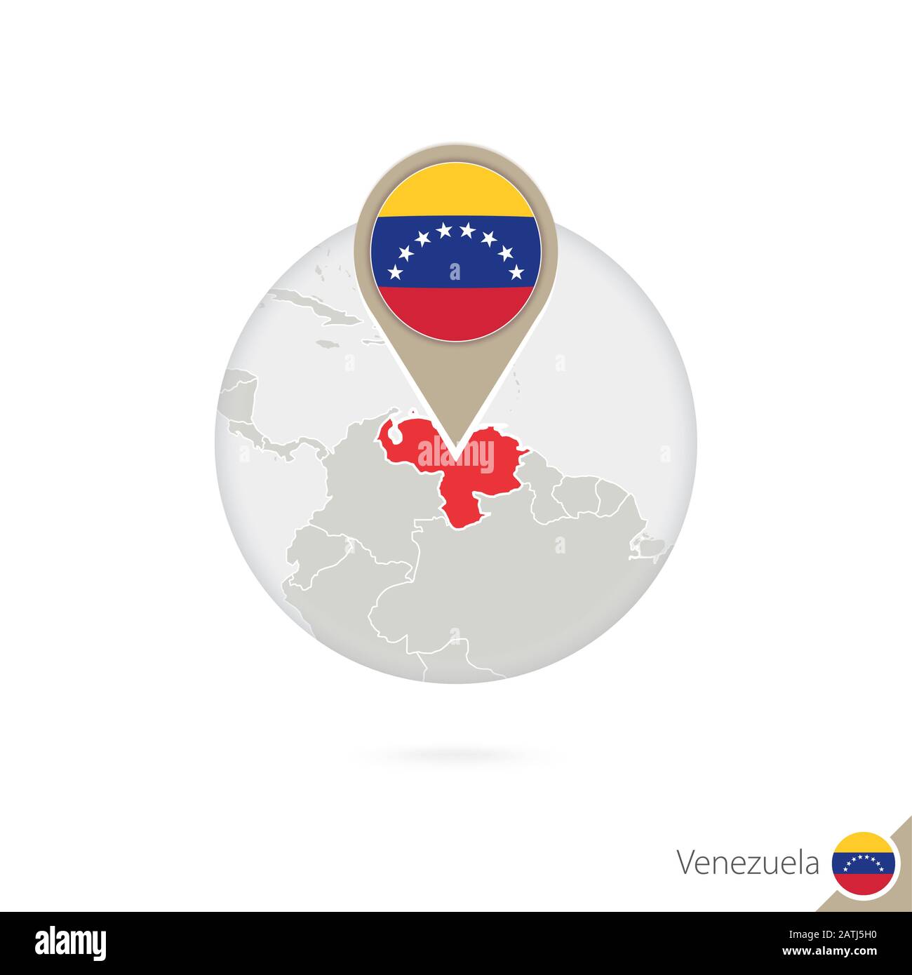 Venezuela map and flag in circle. Map of Venezuela, Venezuela flag pin. Map of Venezuela in the style of the globe. Vector Illustration. Stock Vector