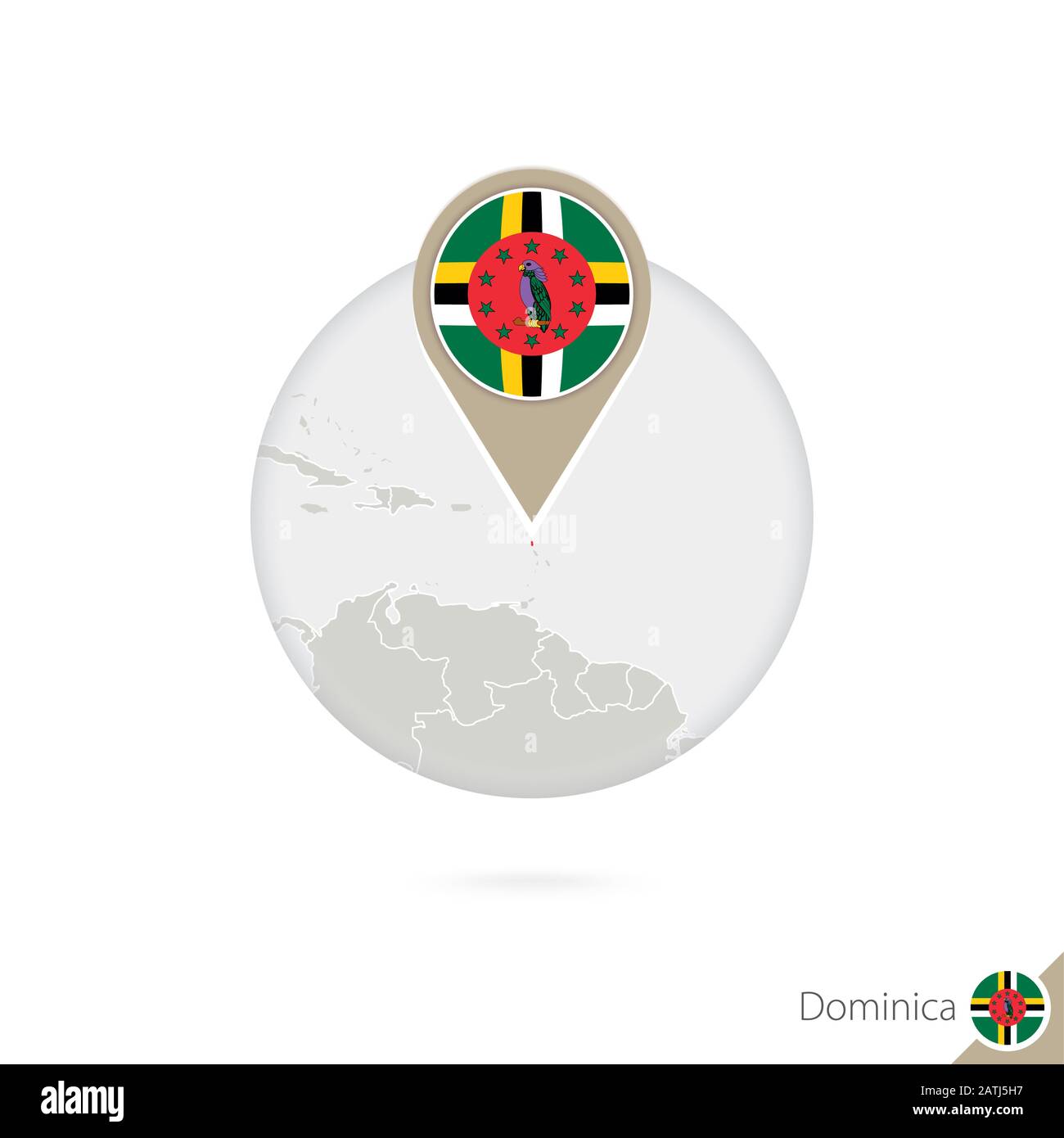 Dominical map and flag in circle. Map of Dominica, Dominica flag pin. Map of Dominica in the style of the globe. Vector Illustration. Stock Vector