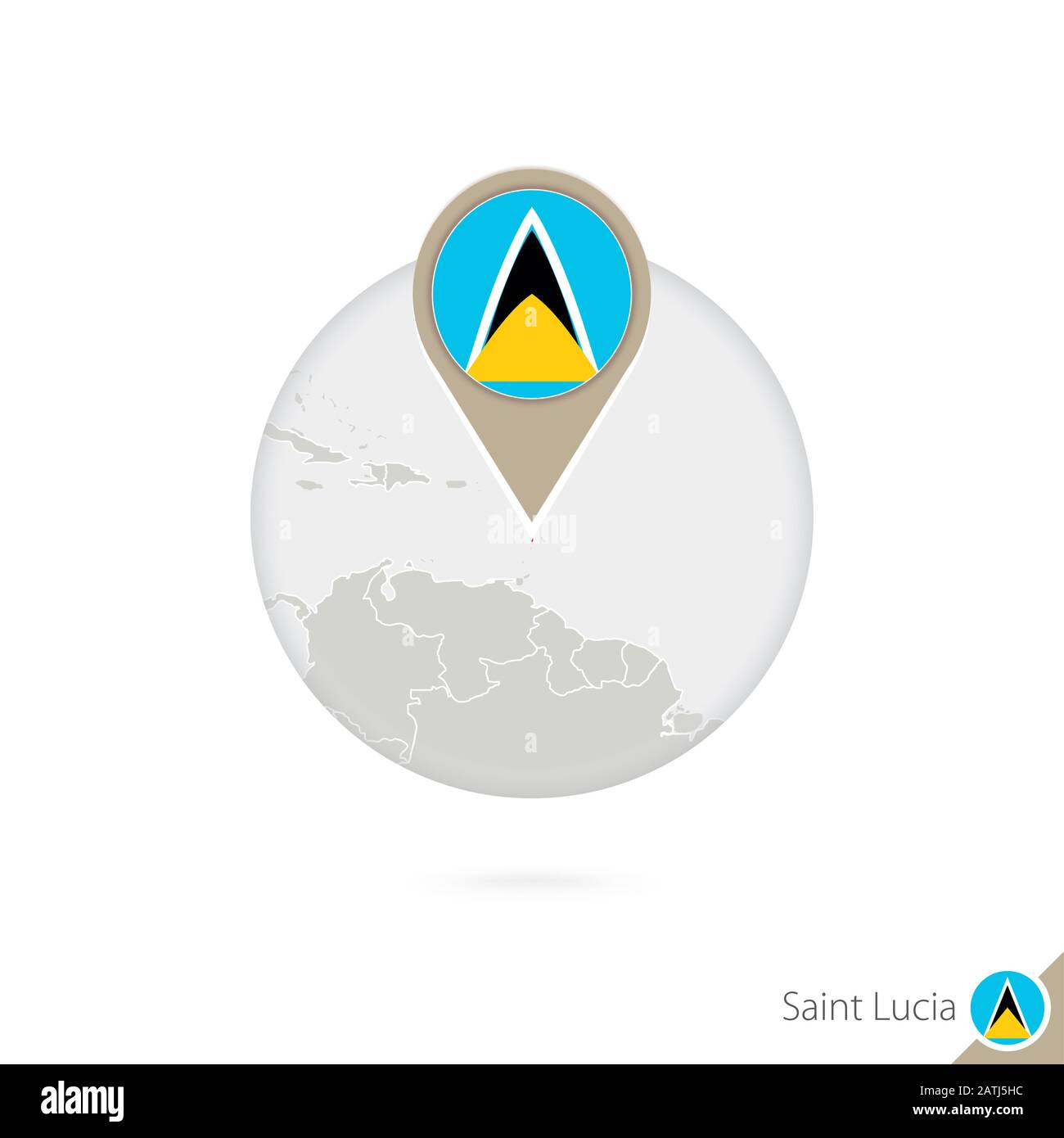 Saint Lucia map and flag in circle. Map of Saint Lucia, Saint Lucia flag pin. Map of Saint Lucia in the style of the globe. Vector Illustration. Stock Vector
