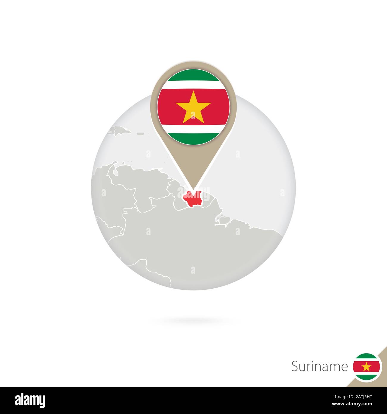 Suriname map and flag in circle. Map of Suriname, Suriname flag pin. Map of Suriname in the style of the globe. Vector Illustration. Stock Vector