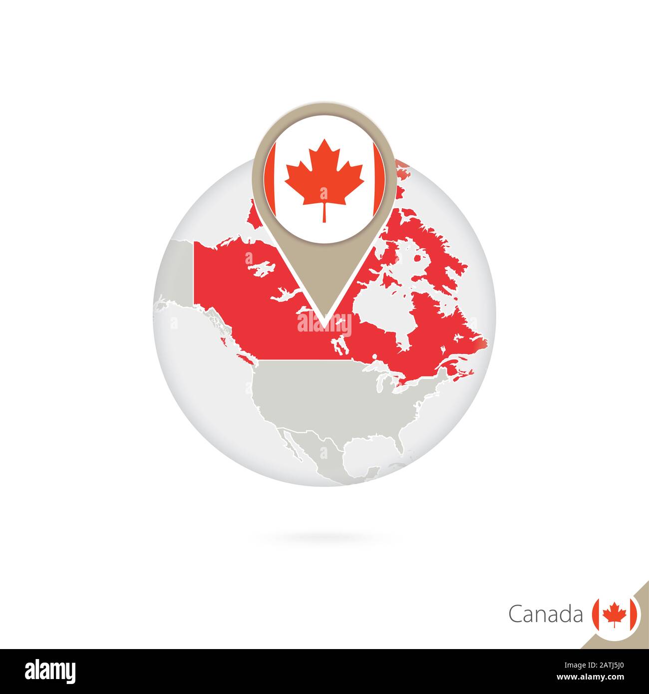 Canada map and flag in circle. Map of Canada, Canada flag pin. Map of Canada in the style of the globe. Vector Illustration. Stock Vector