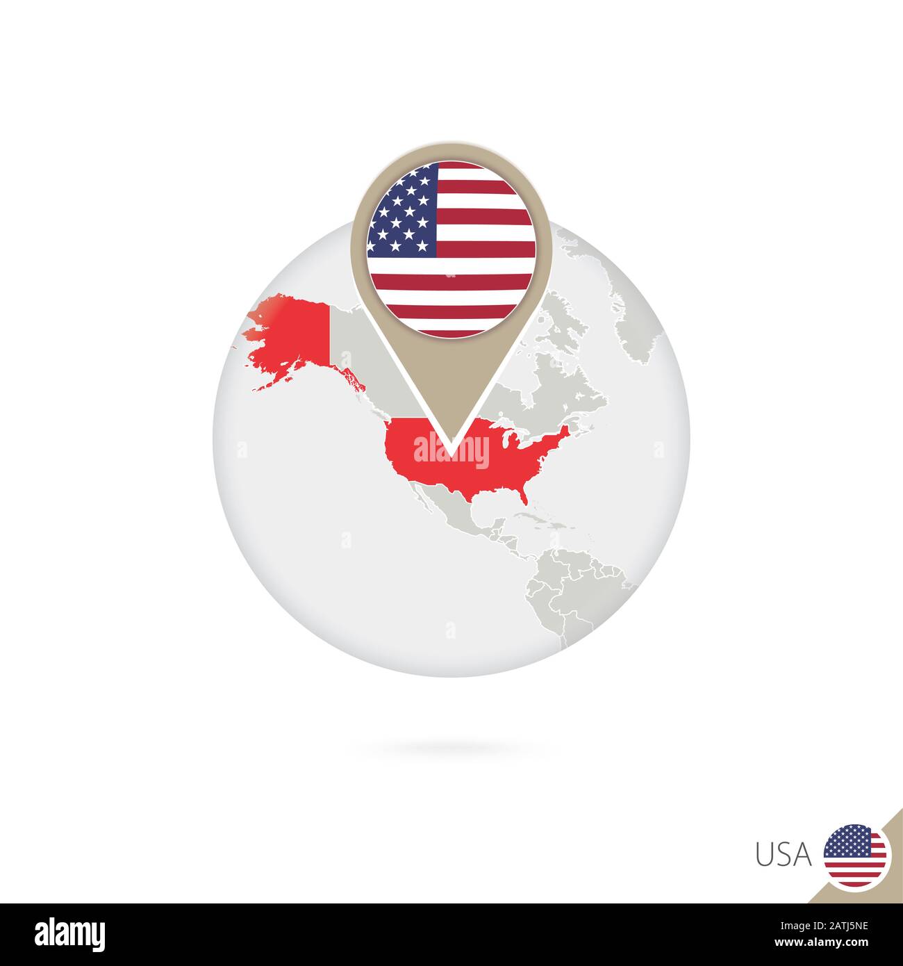 United States of America map and flag in circle. Map of USA, USA flag pin. Map of USA in the style of the globe. Vector Illustration. Stock Vector