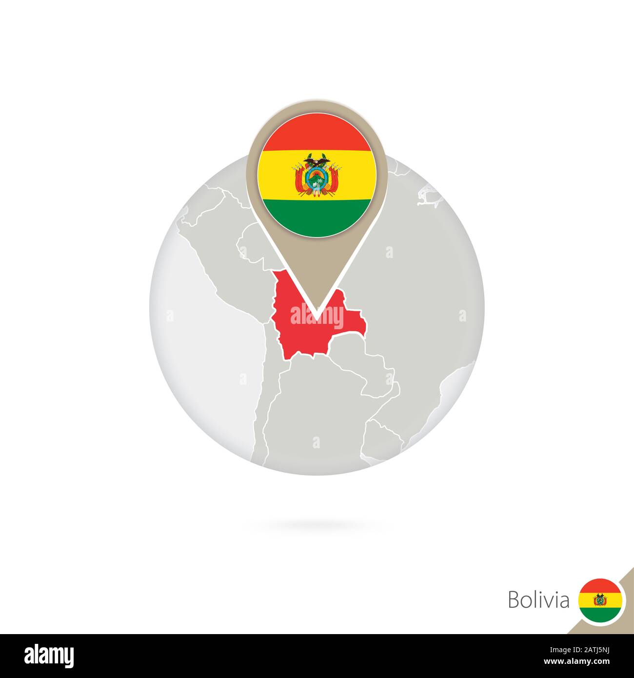 Bolivia map and flag in circle. Map of Bolivia, Bolivia flag pin. Map of Bolivia in the style of the globe. Vector Illustration. Stock Vector