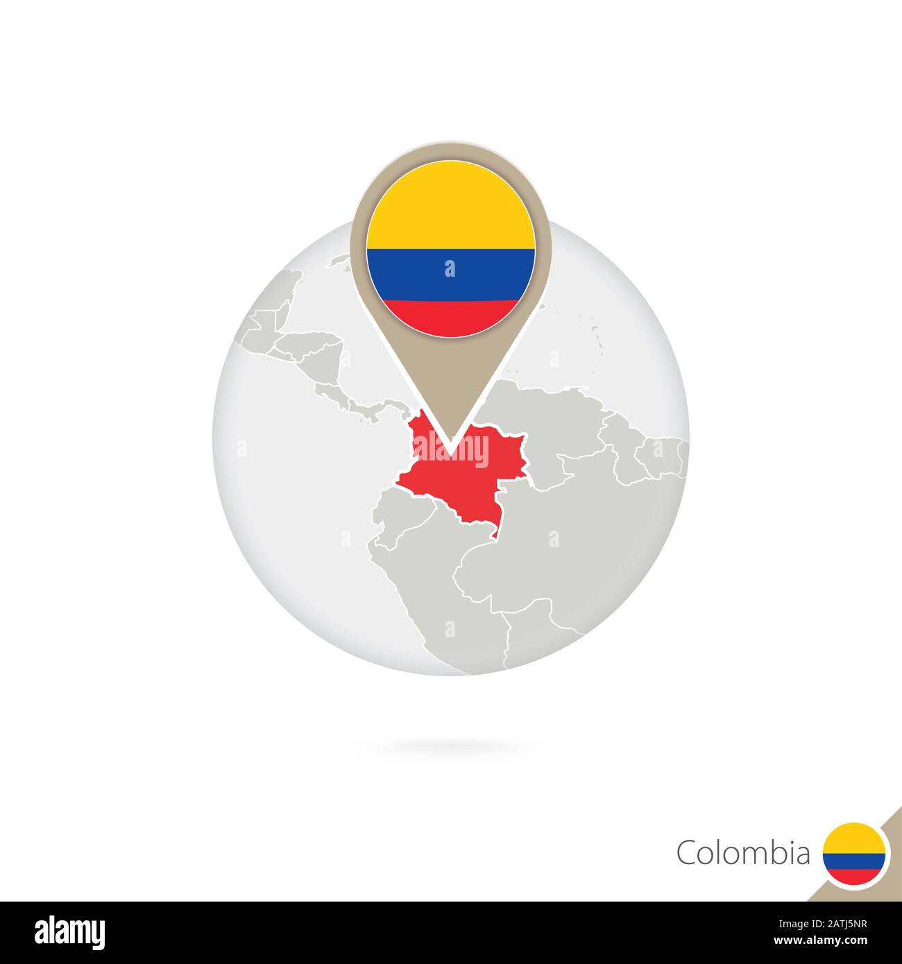 Colombia map and flag in circle. Map of Colombia, Colombia flag pin. Map of Colombia in the style of the globe. Vector Illustration. Stock Vector