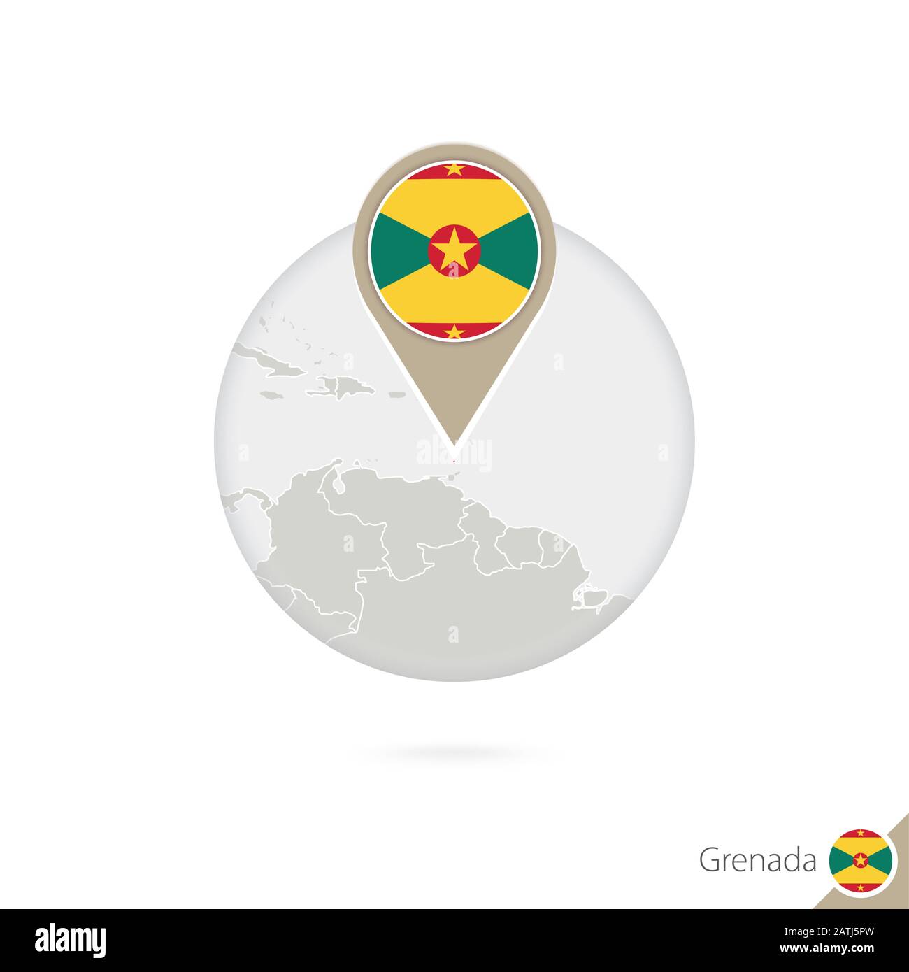 Grenada map and flag in circle. Map of Grenada, Grenada flag pin. Map of Grenada in the style of the globe. Vector Illustration. Stock Vector