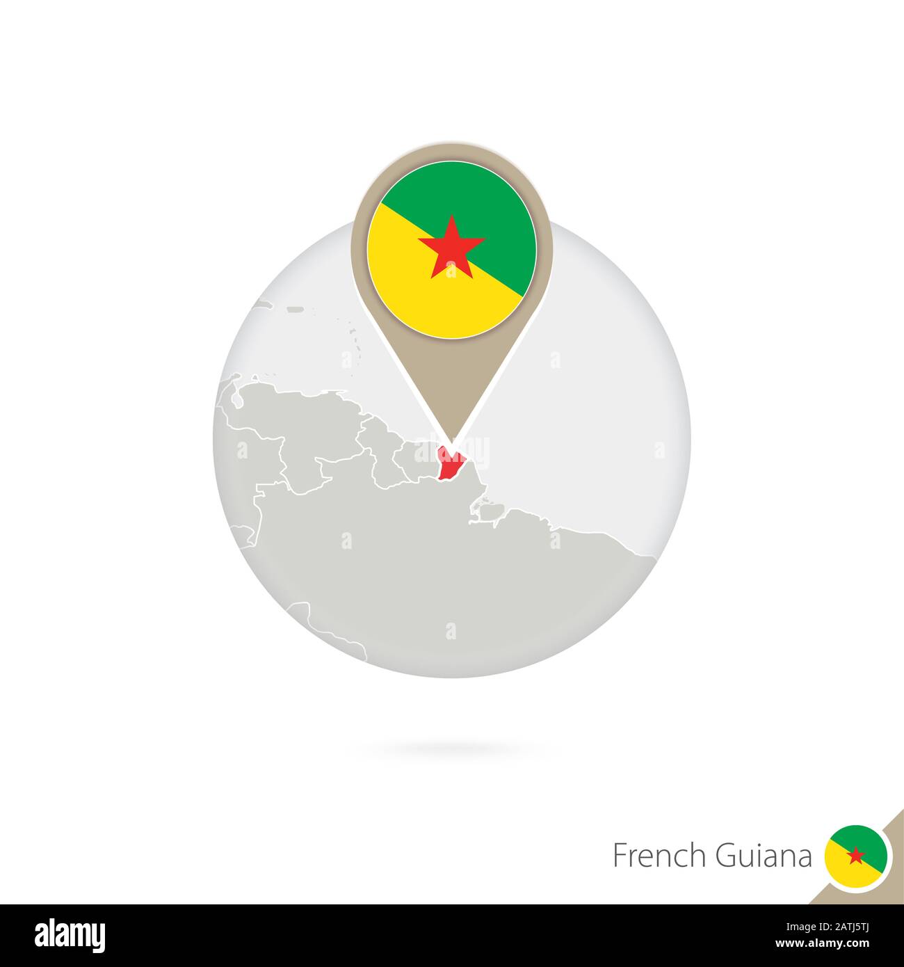 French Guiana map and flag in circle. Map of French Guianal, French Guiana flag pin. Map of French Guiana in the style of the globe. Vector Illustrati Stock Vector