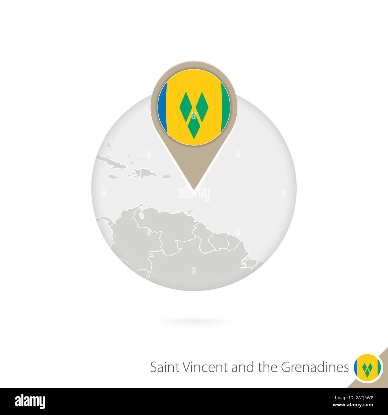 Saint Vincent and the Grenadines map and flag in circle. Map of Saint Vincent and the Grenadines, Saint Vincent and the Grenadines flag pin. Map of Sa Stock Vector