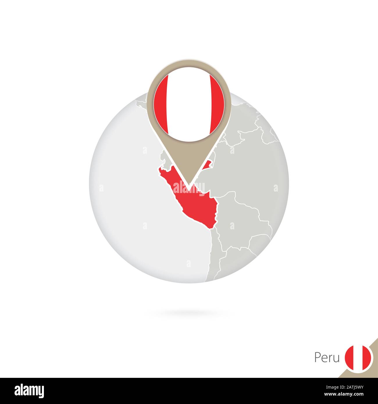 Peru map and flag in circle. Map of Peru, Peru flag pin. Map of Peru in the style of the globe. Vector Illustration. Stock Vector