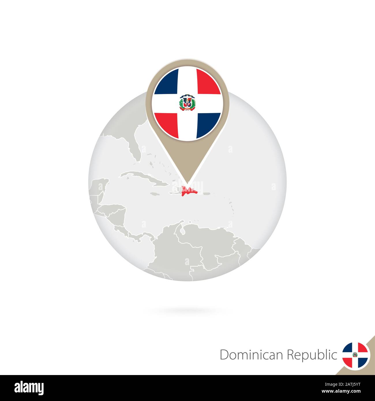Dominican Republic map and flag in circle. Map of Dominican Republic, Dominican Republic flag pin. Map of Dominican Republic in the style of the globe Stock Vector