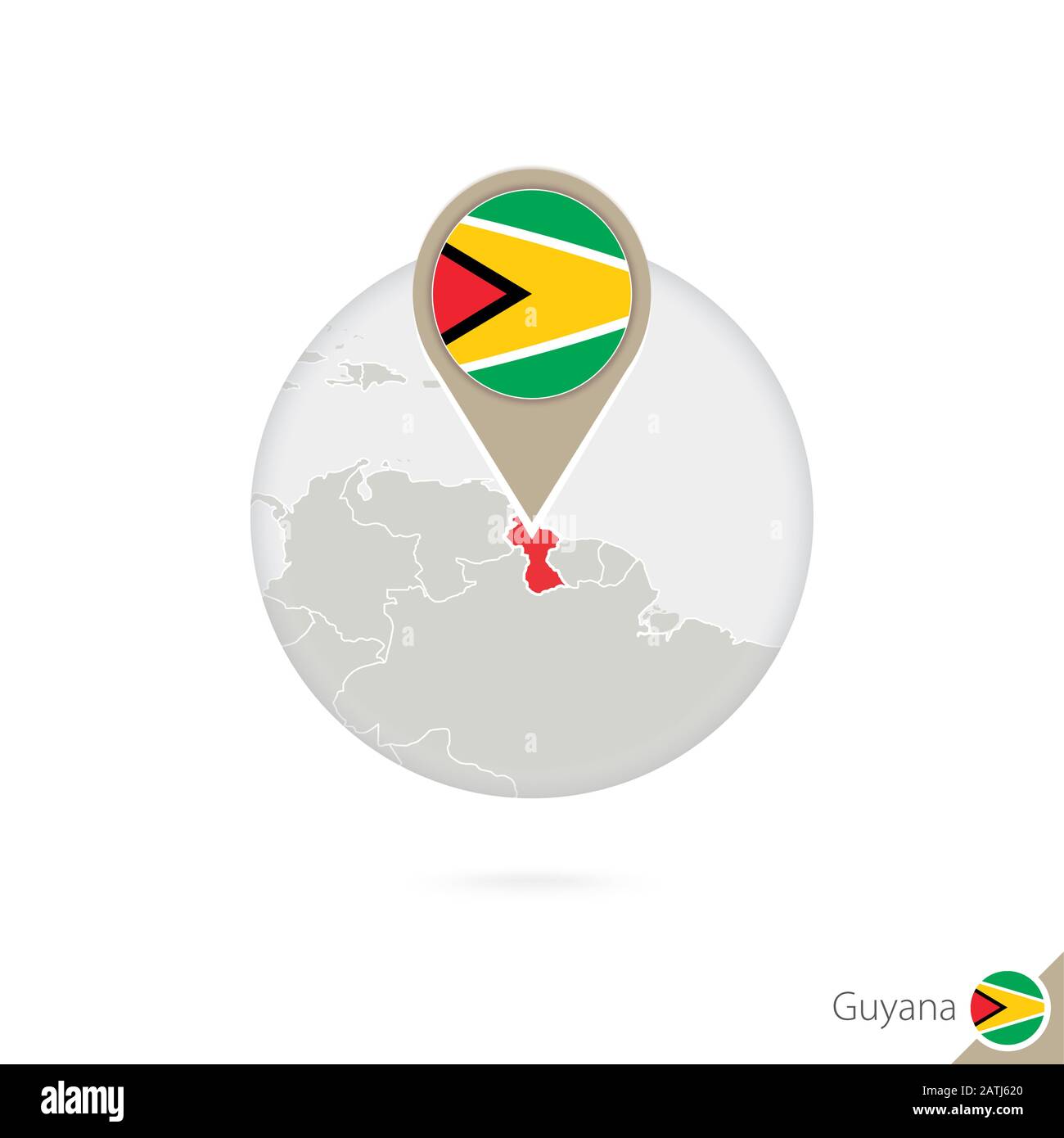 Guyana map and flag in circle. Map of Guyana, Guyana flag pin. Map of Guyana in the style of the globe. Vector Illustration. Stock Vector
