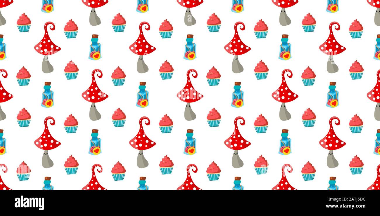 seamless childish pattern. Amanita mushrooms. Cupcakes and cakes. Alice in Wonderland.. Stock Vector