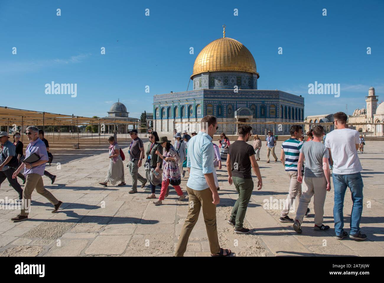 JERUSALEM, ISRAEL - MAY 16, 2018: Non muslim tourists visiting the Dome of the Rock Islamic Shrine on the Temple Mount in the Old city of Jerusalem, P Stock Photo
