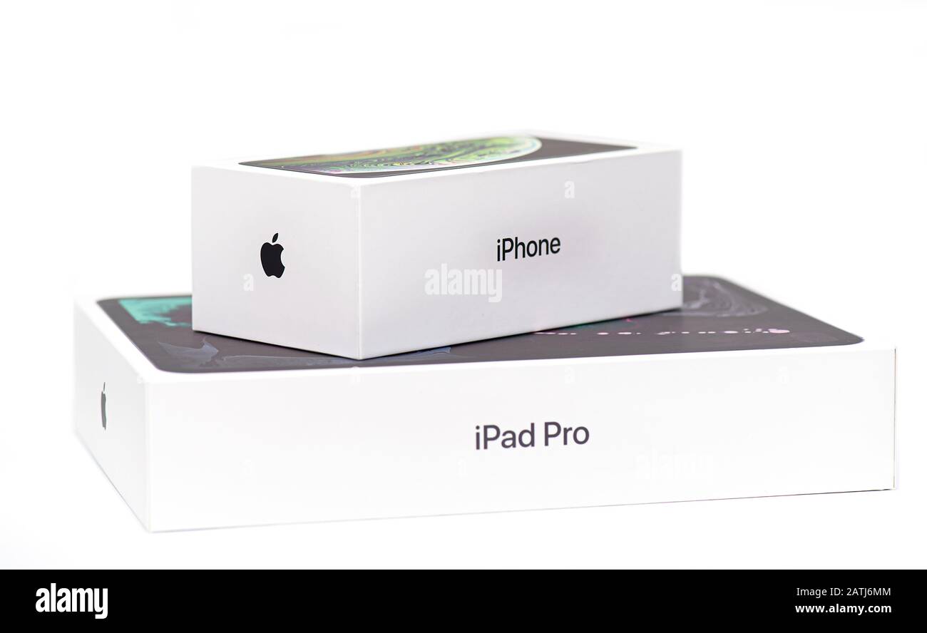 NY - FEB 03: Boxes with I iPhone and iPad Pro, isolated in NY on February 03. 2020 in USA Stock Photo