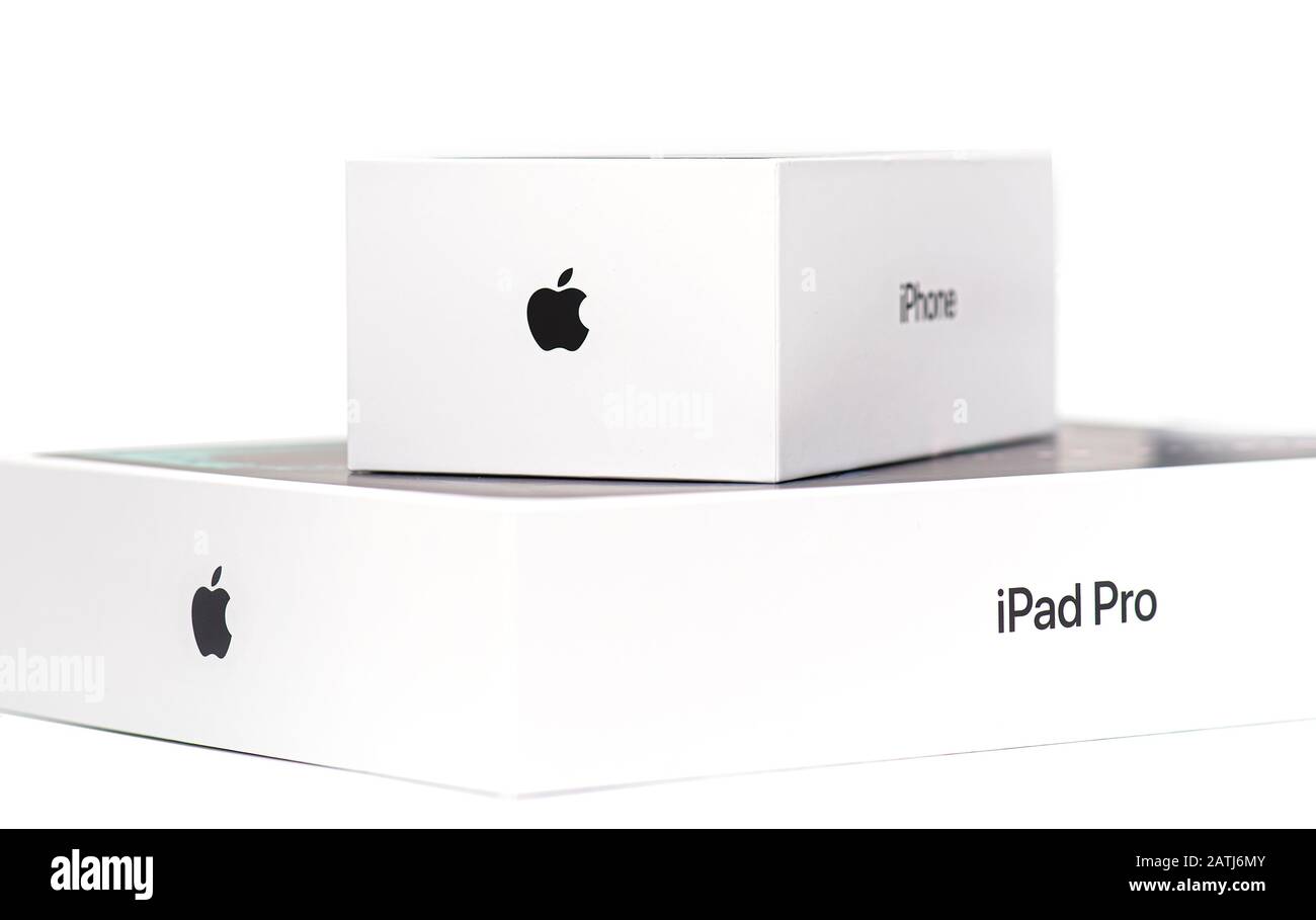 NY - FEB 03: Boxes with I iPhone and iPad Pro, isolated in NY on February 03. 2020 in USA Stock Photo