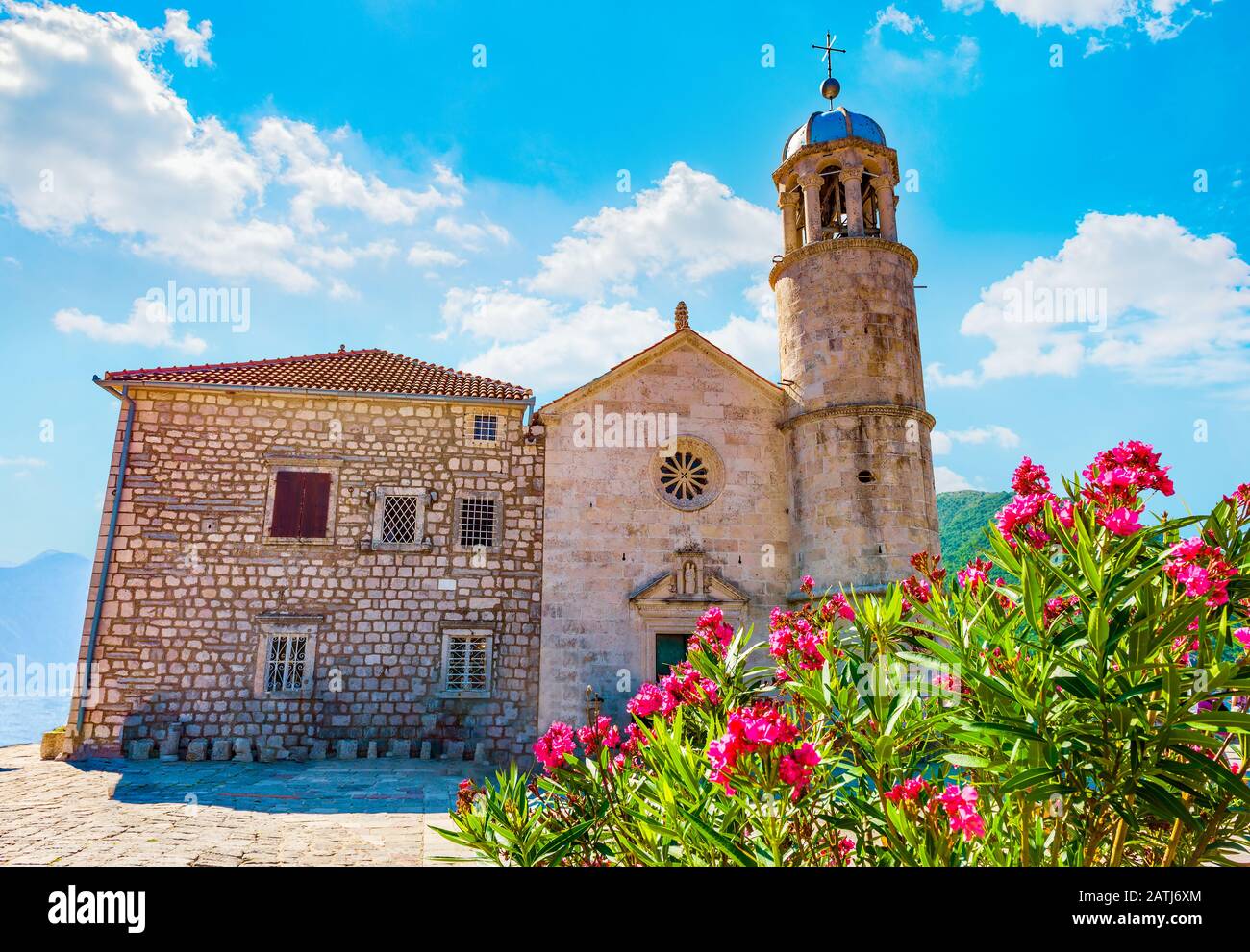 Flowers near church of Our Lady on island in Perast, Montenegro Stock