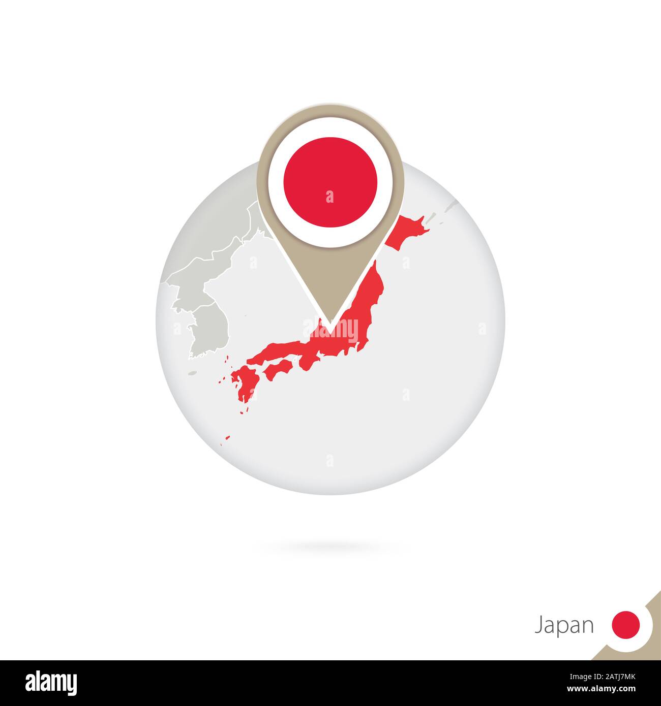 Japan map and flag in circle. Map of Japan, Japan flag pin. Map of Japan in the style of the globe. Vector Illustration. Stock Vector