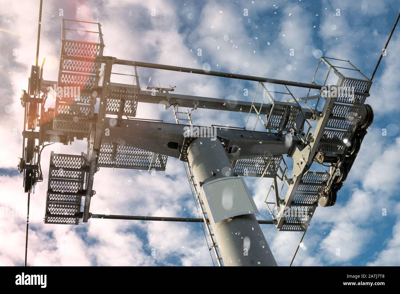 Close up of ski lift. It is snowing Stock Photo
