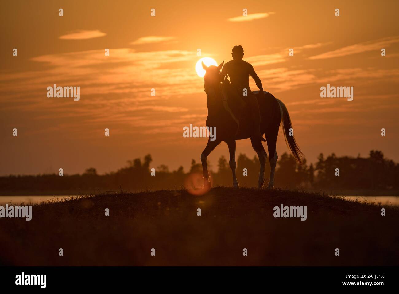 Silhouette  young man riding a horse in the during sunset on the hill lakeside Stock Photo