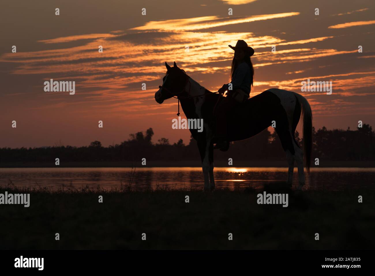 Silhouette cowboy ride a horse in during sunset Stock Photo