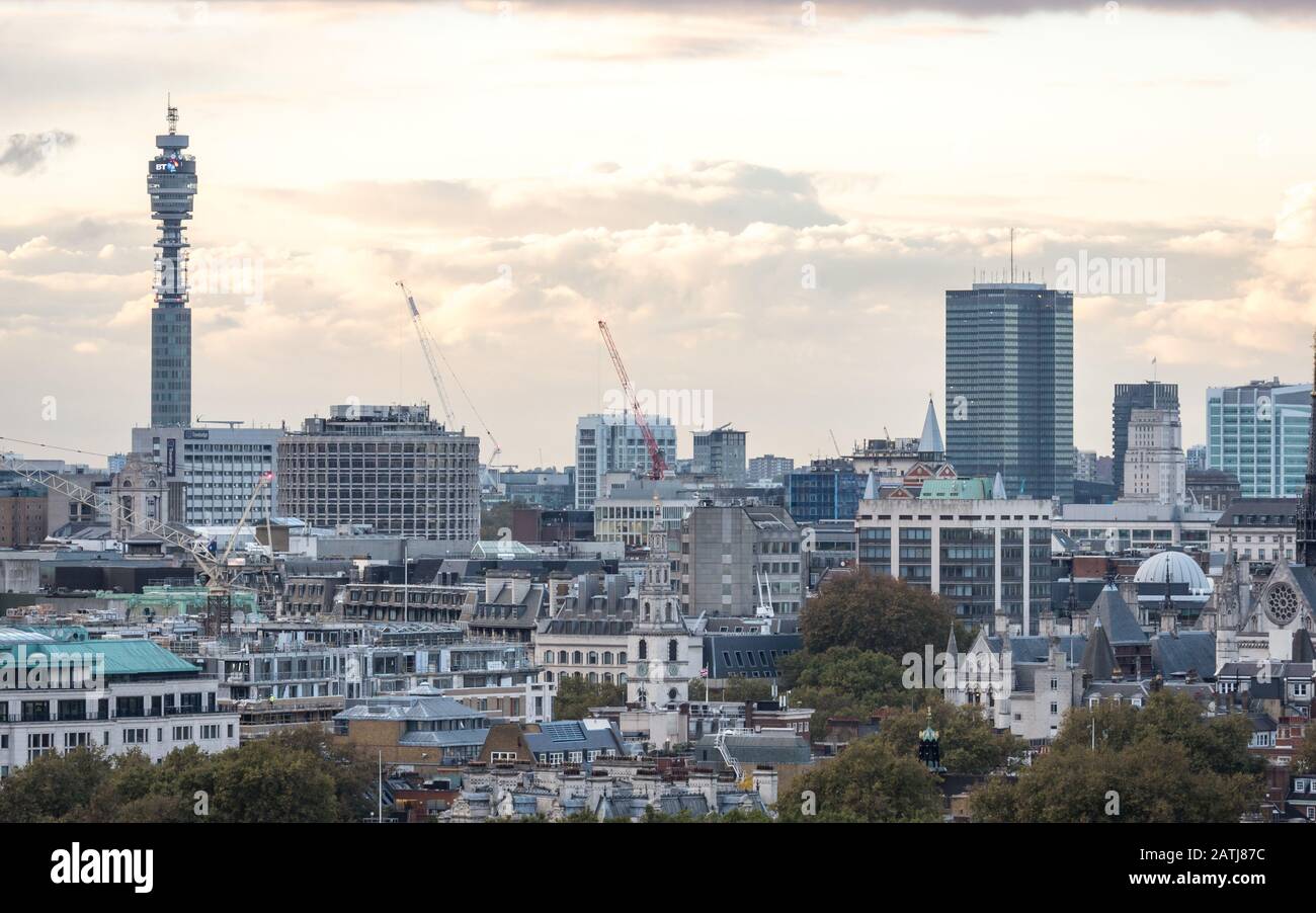 London Skyline. An overcast view of central London with the cityscape dominated by the iconic BT Tower. Stock Photo