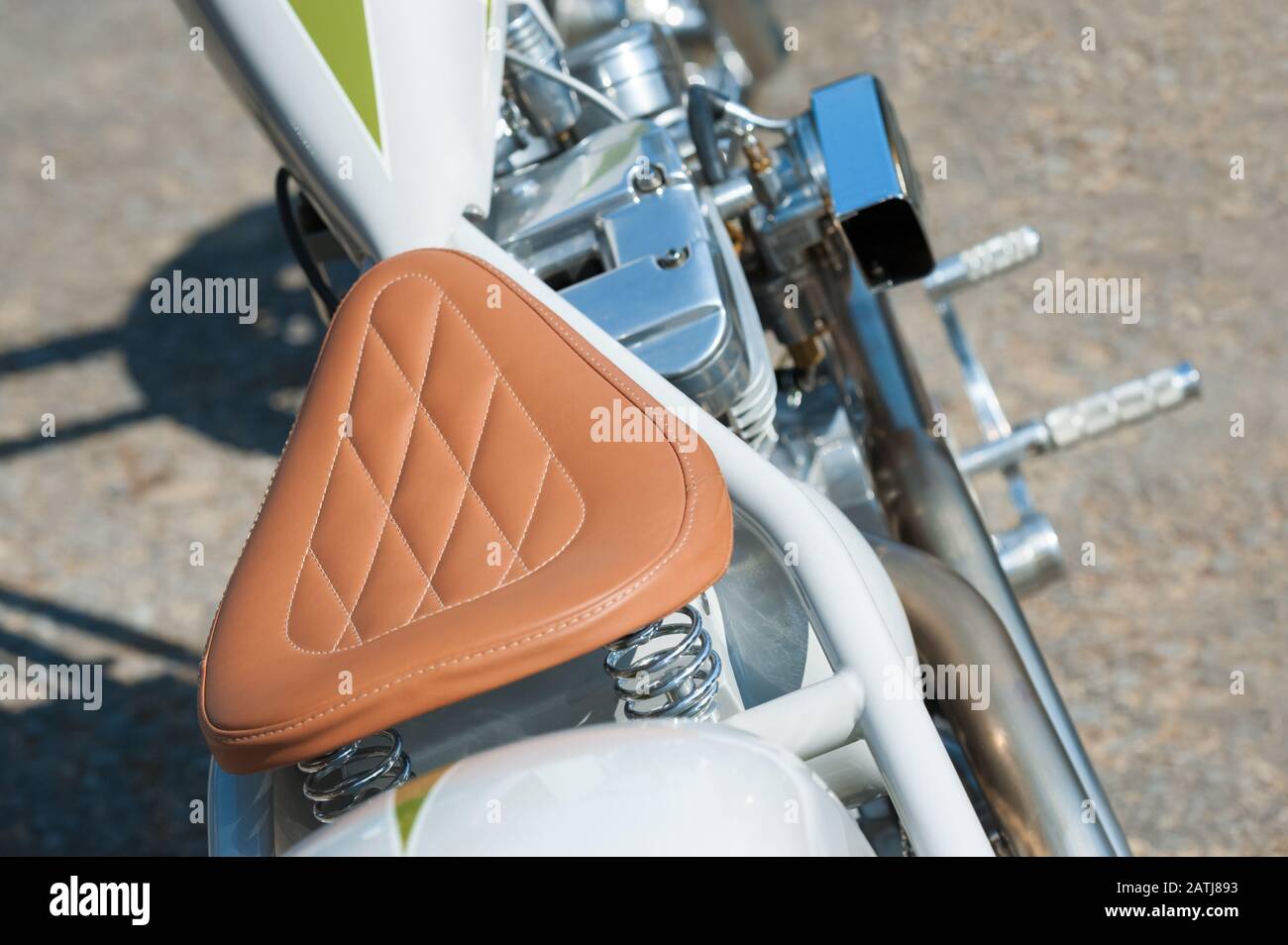 stitched leather saddle on low rider chopper motorcycle Stock Photo Alamy