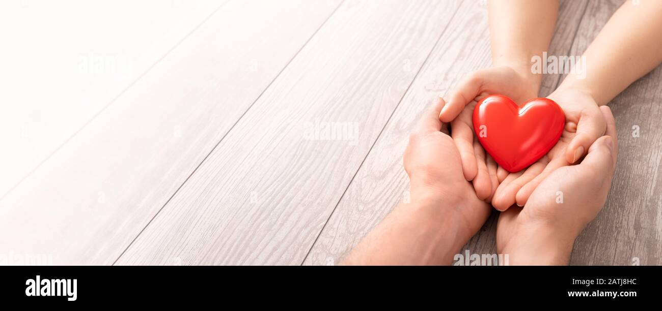 An adult, mother, father and child hold a red heart in their hands. Concept for charity, health insurance, love, international cardiology day. Stock Photo