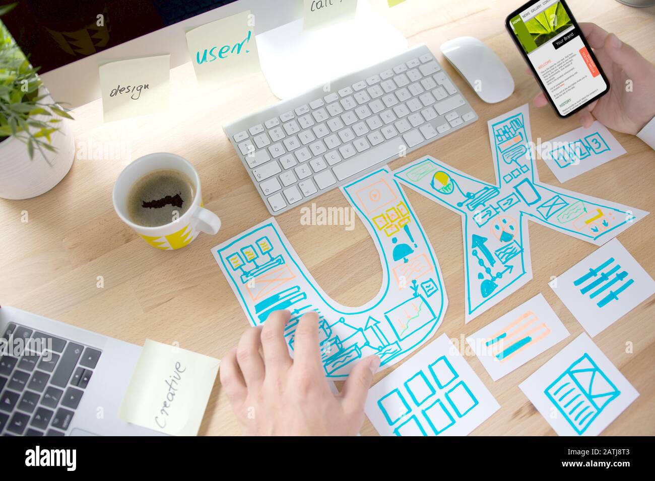 Ux Graphic designer creative sketch planning application process development prototype wireframe for web mobile phone . User experience concept. - Ima Stock Photo