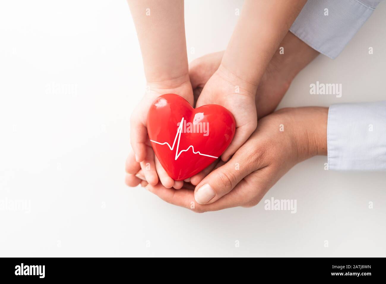 An adult, mother and child hold a red heart in their hands. Concept for charity, health insurance, love, international cardiology day. Stock Photo